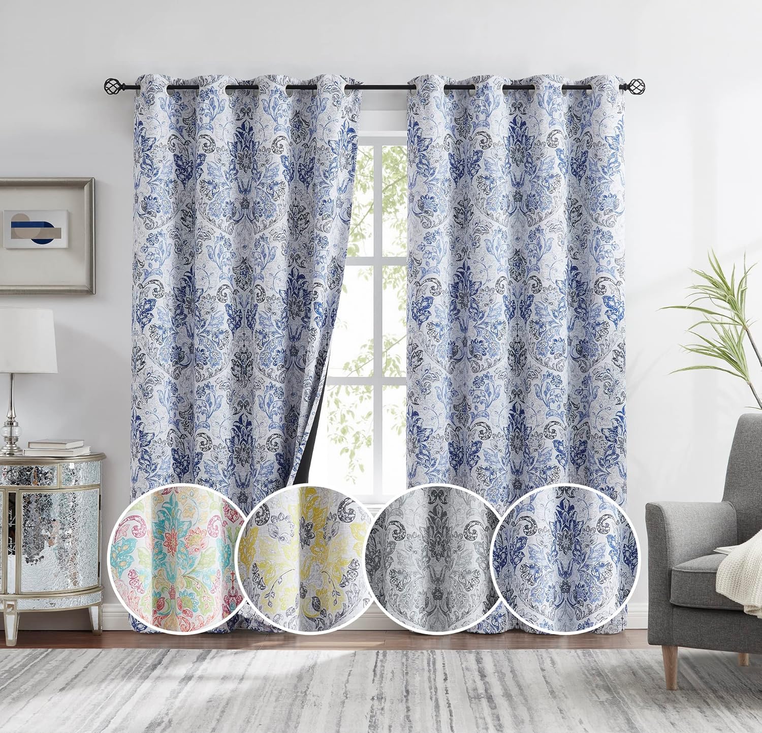 Metro Parlor Damask Blue and Grey Full Blackout Curtains 84 Inches Long