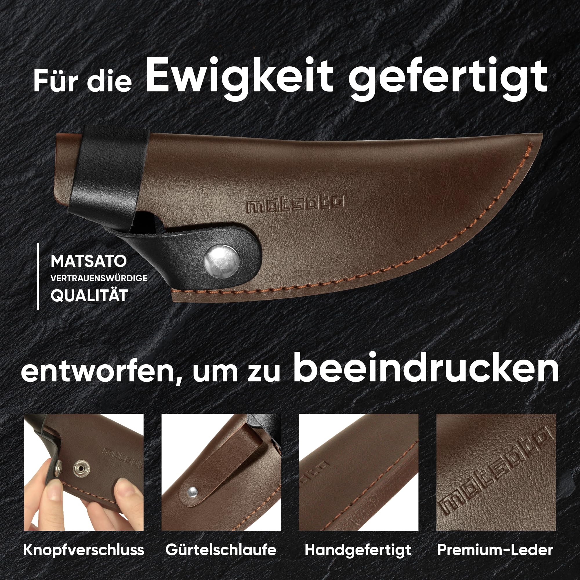 Matsato Küchenmesser Scharf mit Messerscheide Leder – Hochwertiges Kochmesser aus Japanischem Stahl, Klingenlänge 15 cm, Geschenk für Männer & Köche