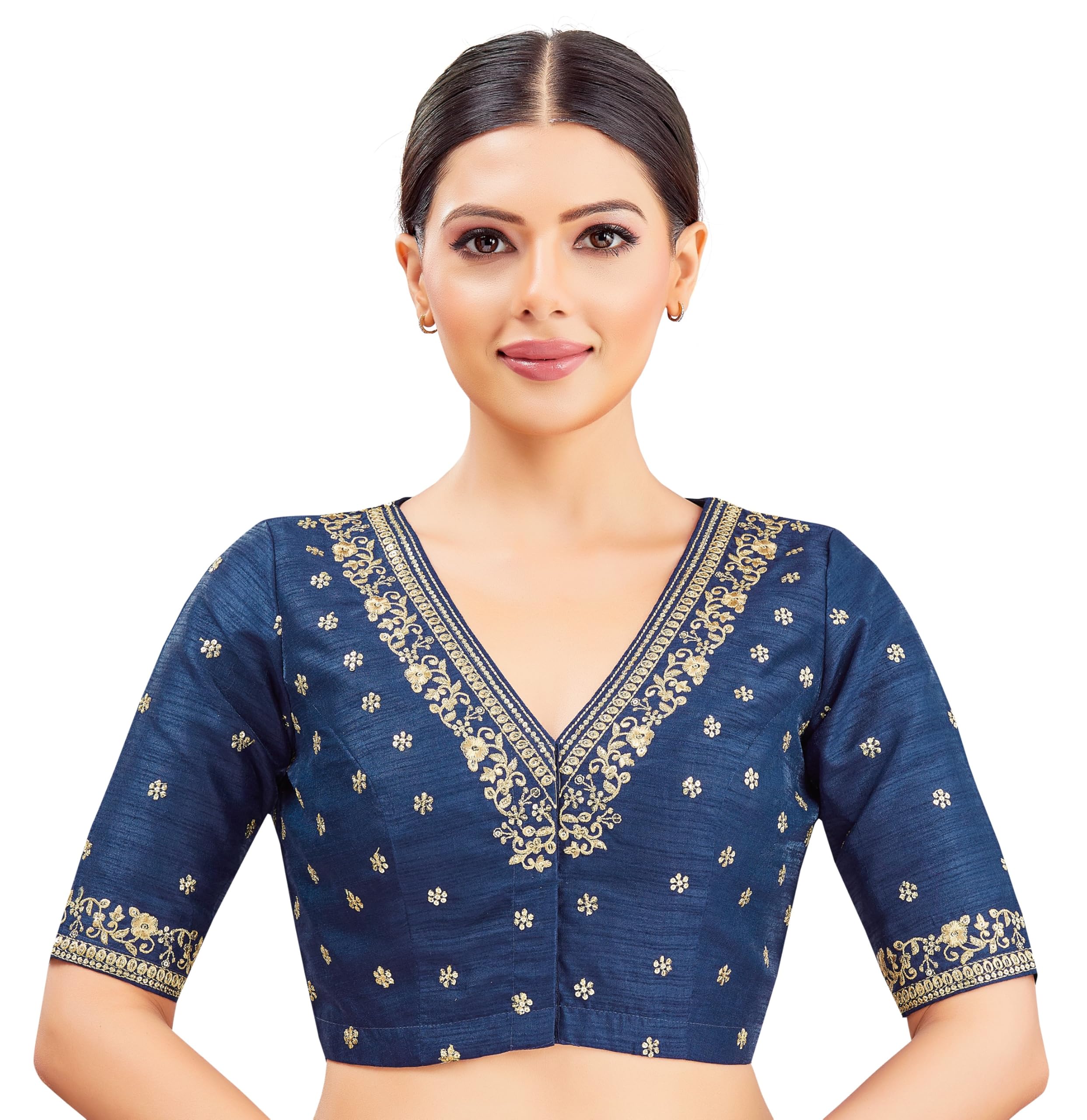 Studio Shringaar Women's Cotton Elbow Length Sleeves Embroidered Wedding Saree Blouse