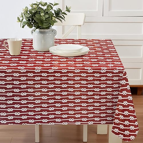 Miniatura 2 de Newbridge Mantel de franela de vinilo con rayas náuticas rojas, mantel de rayas costeras para interiores y exteriores, con parte trasera de franela,