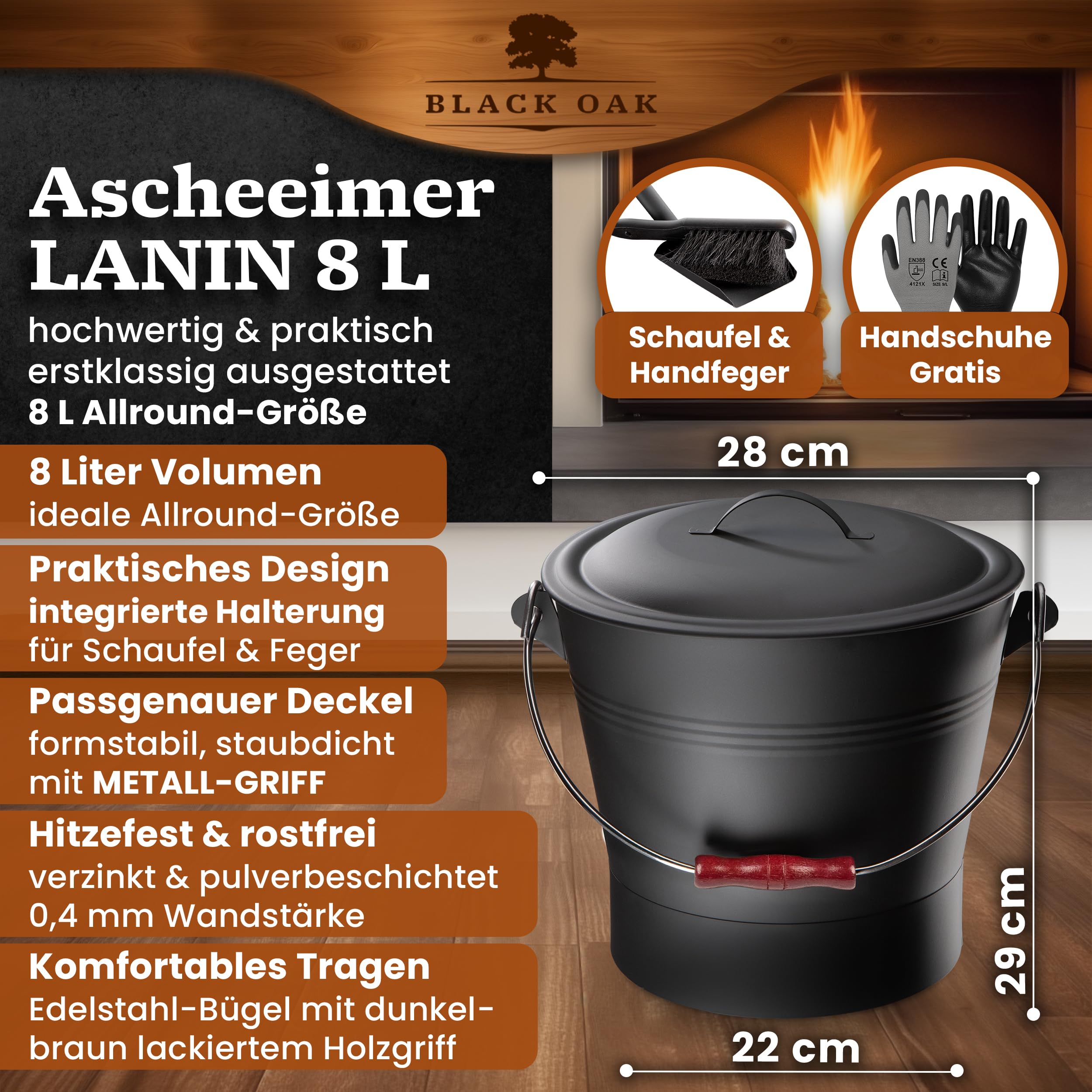 BLACK OAK LANIN - Secchio per cenere, 8 l, nero con coperchio e manico in legno scuro + spazzola, pala e guanti, 8 l, in acciaio zincato e verniciato a polvere, per pellet di carbone di cenere