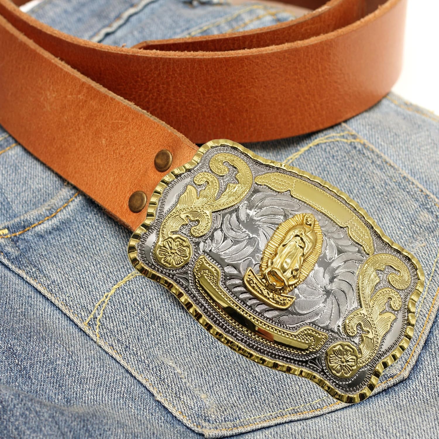 WMG Western St Jude Belt Buckle Gold Silver Saint Jude San Judas Cowboy Buckle Hebilla Vaquero Rodeo image 2