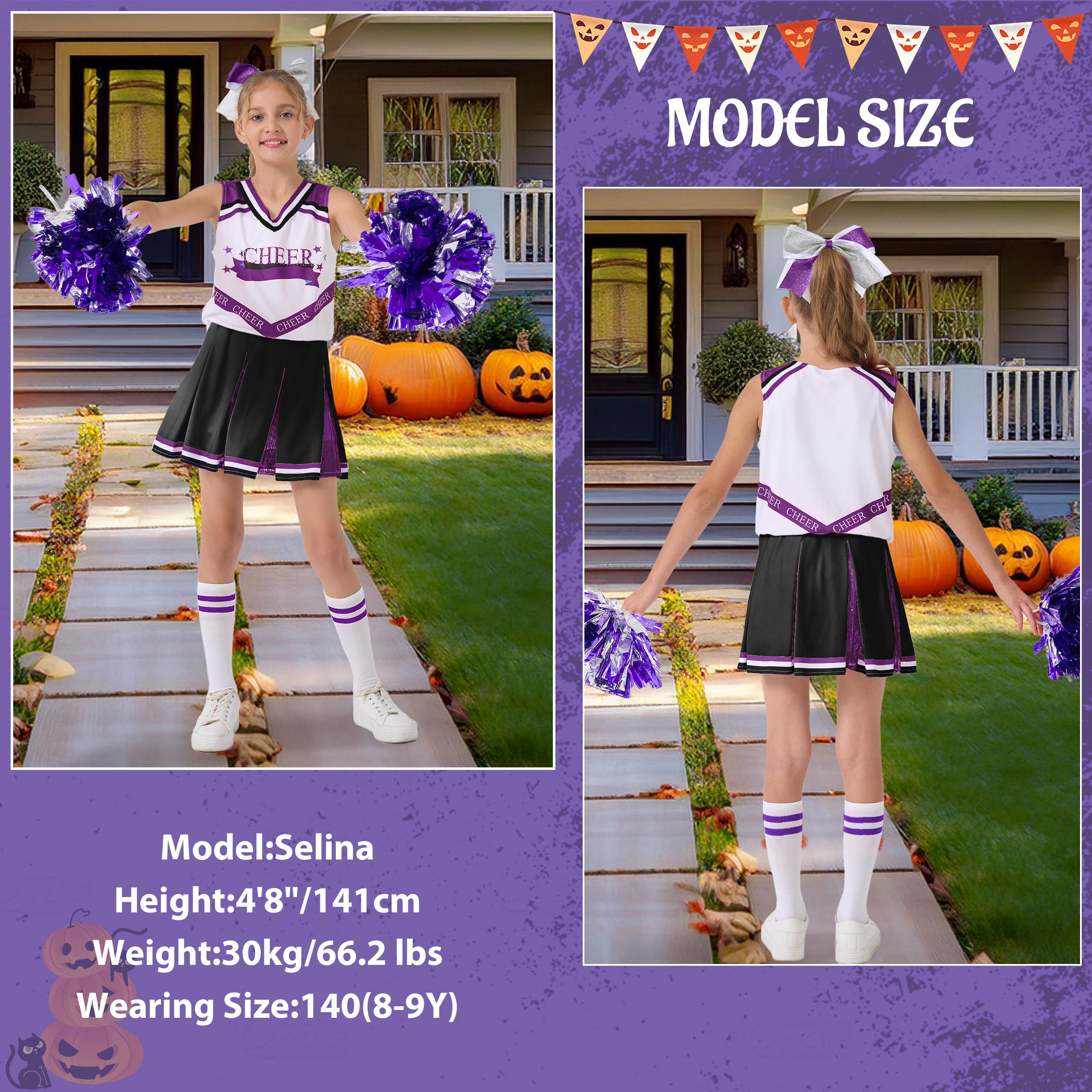 LOLANTA Girls Purple Cheerleader Costume Kids Cheerleading Outfit with Pompoms Socks - Image 2