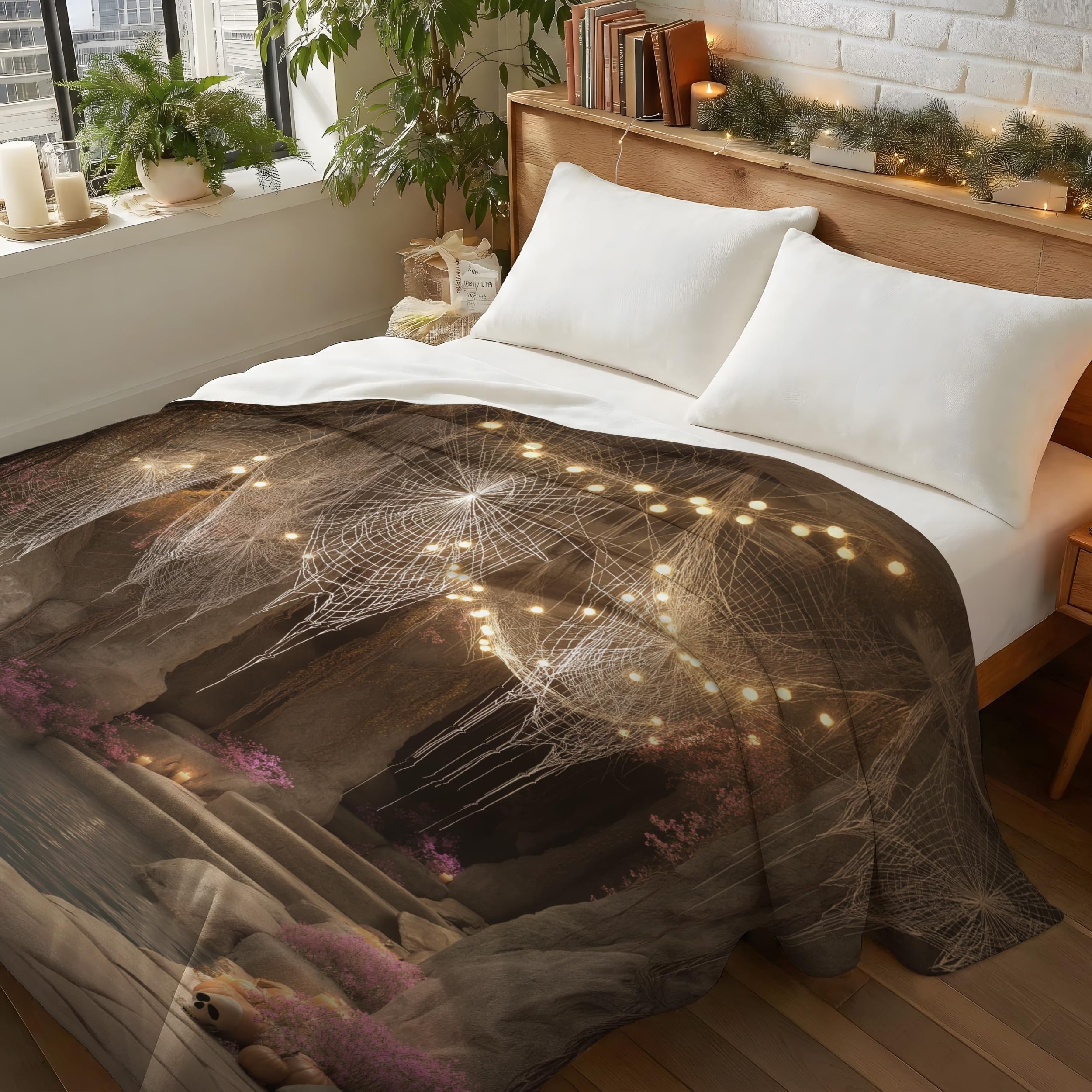 Genérico Zimowy koc flanelowy na sofę i fotel 220 x 270 cm - Koce prezentowe dla kobiet i mężczyzn - świąteczna atmosfera pajęczyna dynia Dekorowanie Della Dom - Khaki Duży koc