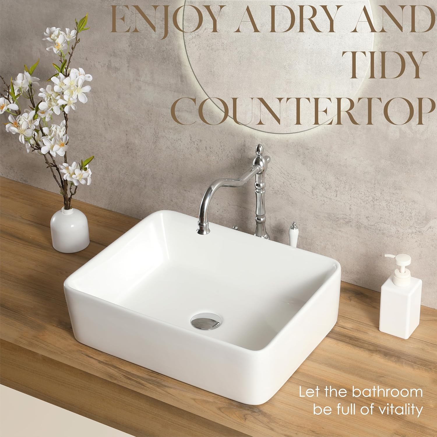 White Rectangle Bathroom Vessel Sink，19'' X 15'' Ceramic Above Counter Vessel Sinks，Modern Sink Bowls for Bathroom Countertop, Porcelain Ceramic Vessel Vanity Sink(LA-3324)