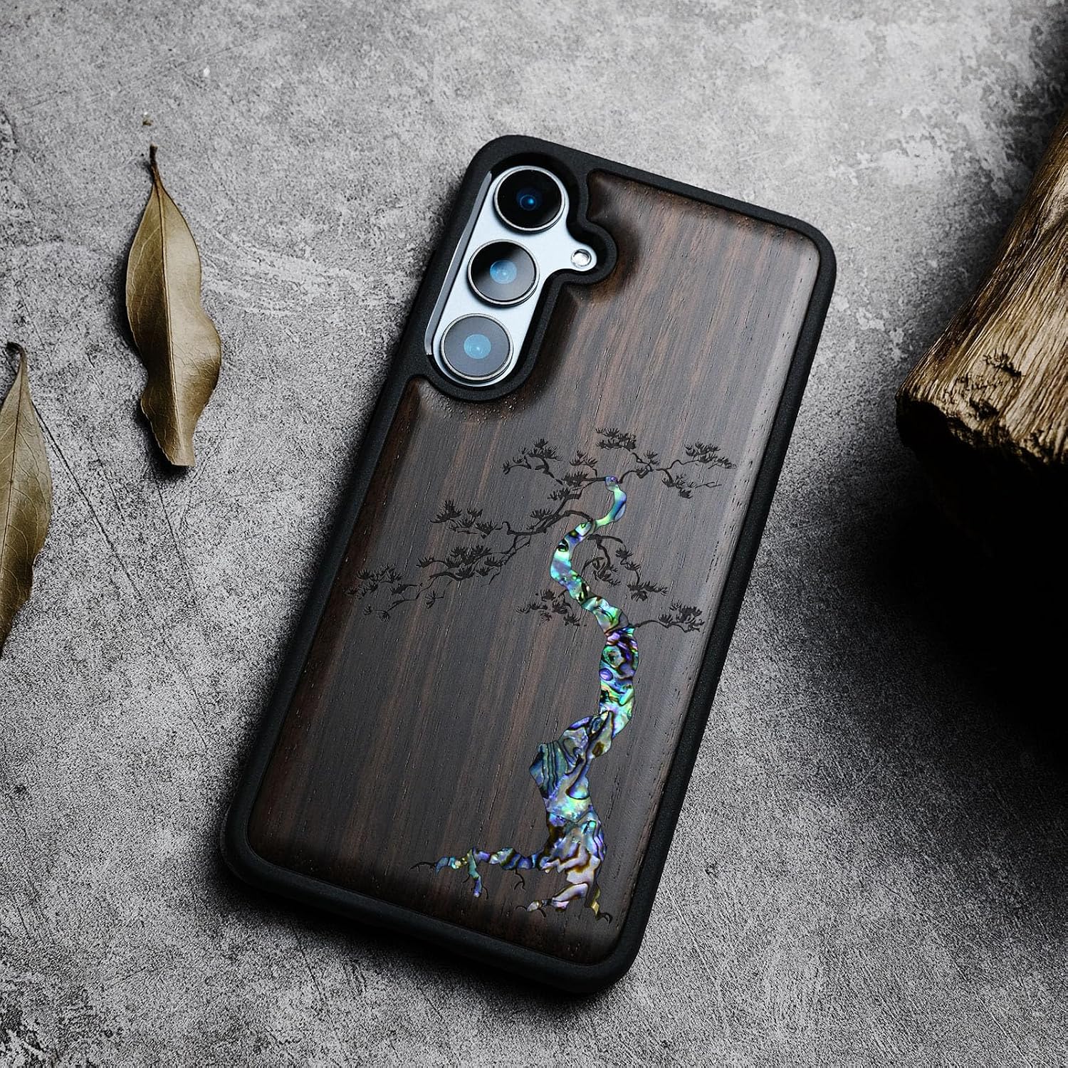 Carveit Designer Wooden Case for Samsung Galaxy S24 FE Case [Wood Engraving & Shell Inlay] Compatible with Wireless Chargers S24 FE Cover (Majestic Pine Tree-Blackwood)