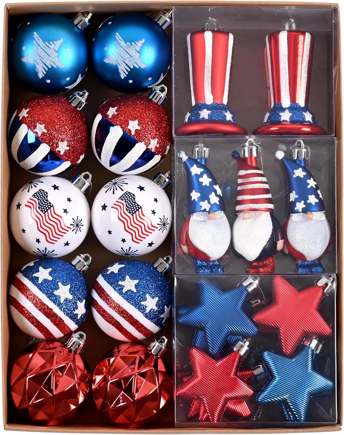 DecorbyHannah 4th of July Ornaments Tree Decorations,40ct Memorial Day Ornaments for Patriotic Red White Blue Decorations Shatterproof Hanging Ornaments for Independence Day,Flag Day,USA 250th Holiday