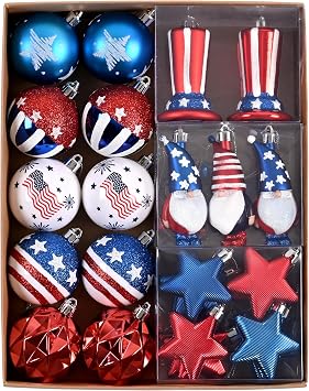 DecorbyHannah 4th of July Ornaments Tree Decorations,40ct Memorial Day Ornaments for Patriotic Red White Blue Decorations Shatterproof Hanging Ornaments for Independence Day,Flag Day,USA 250th Holiday
