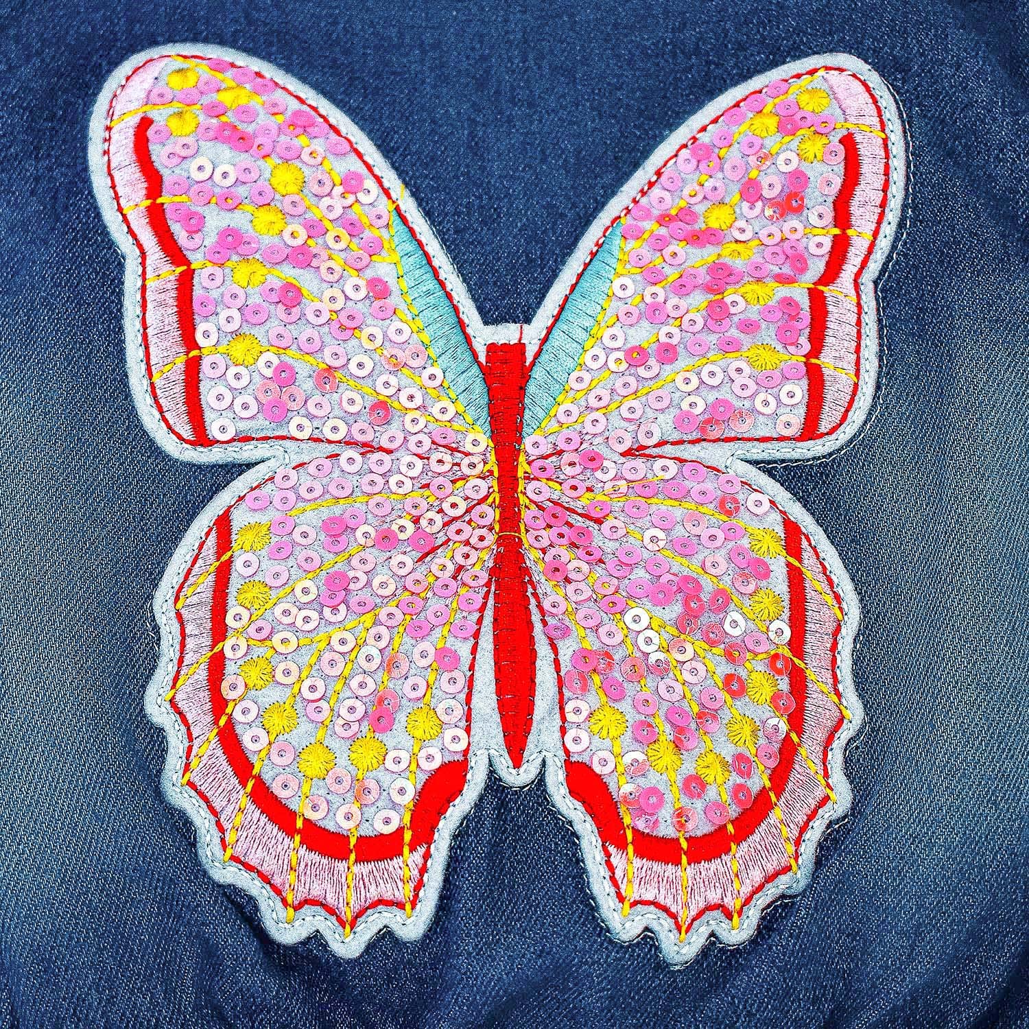 Peacolate Filles Veste en jean Broderie Paillettes Papillons Manteaux avec fermeture éclair et capuche Printemps Automne Denim Vêtements d'extérieur pour 3-10ans