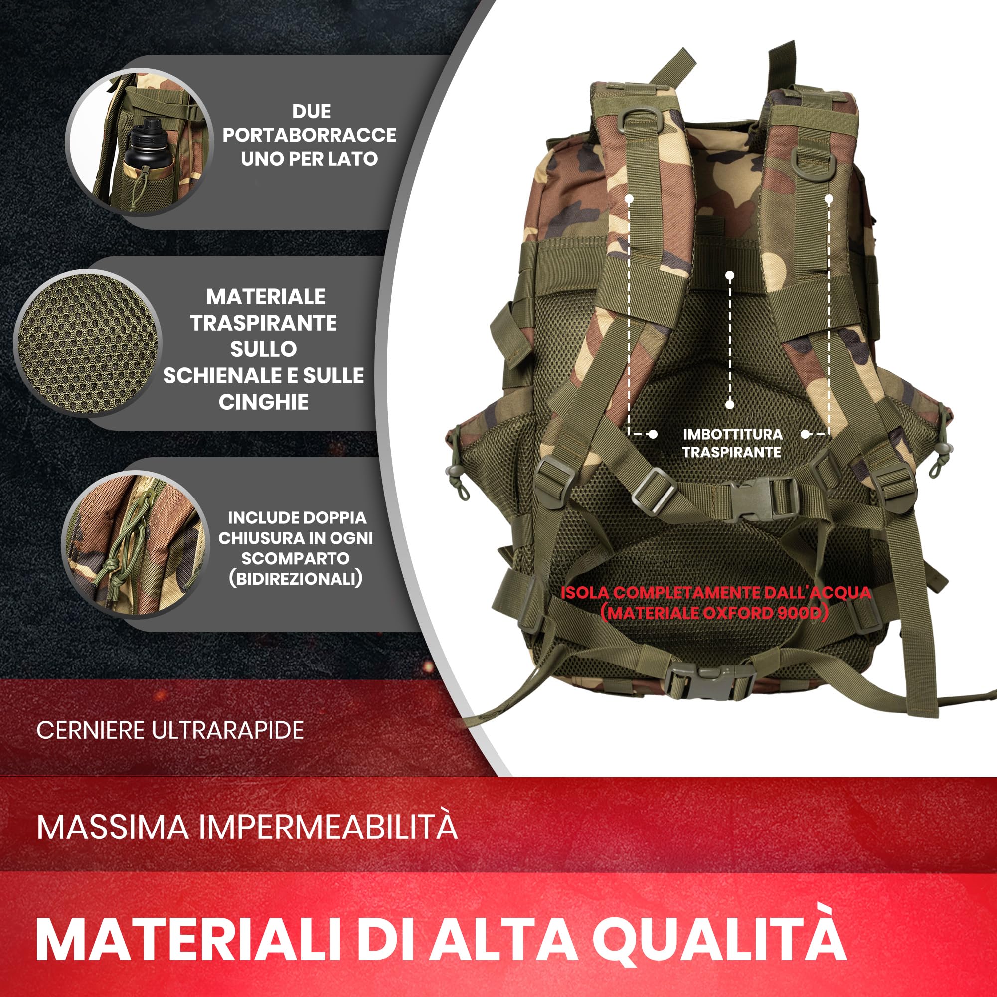 Zaino CrossFit | Zaino Tattico Militare 45L Impermeabile, Multitasche, per Palestra, Campeggio, Escursione o Viaggio – Robusto e Personalizzabile con Patch Inclusi