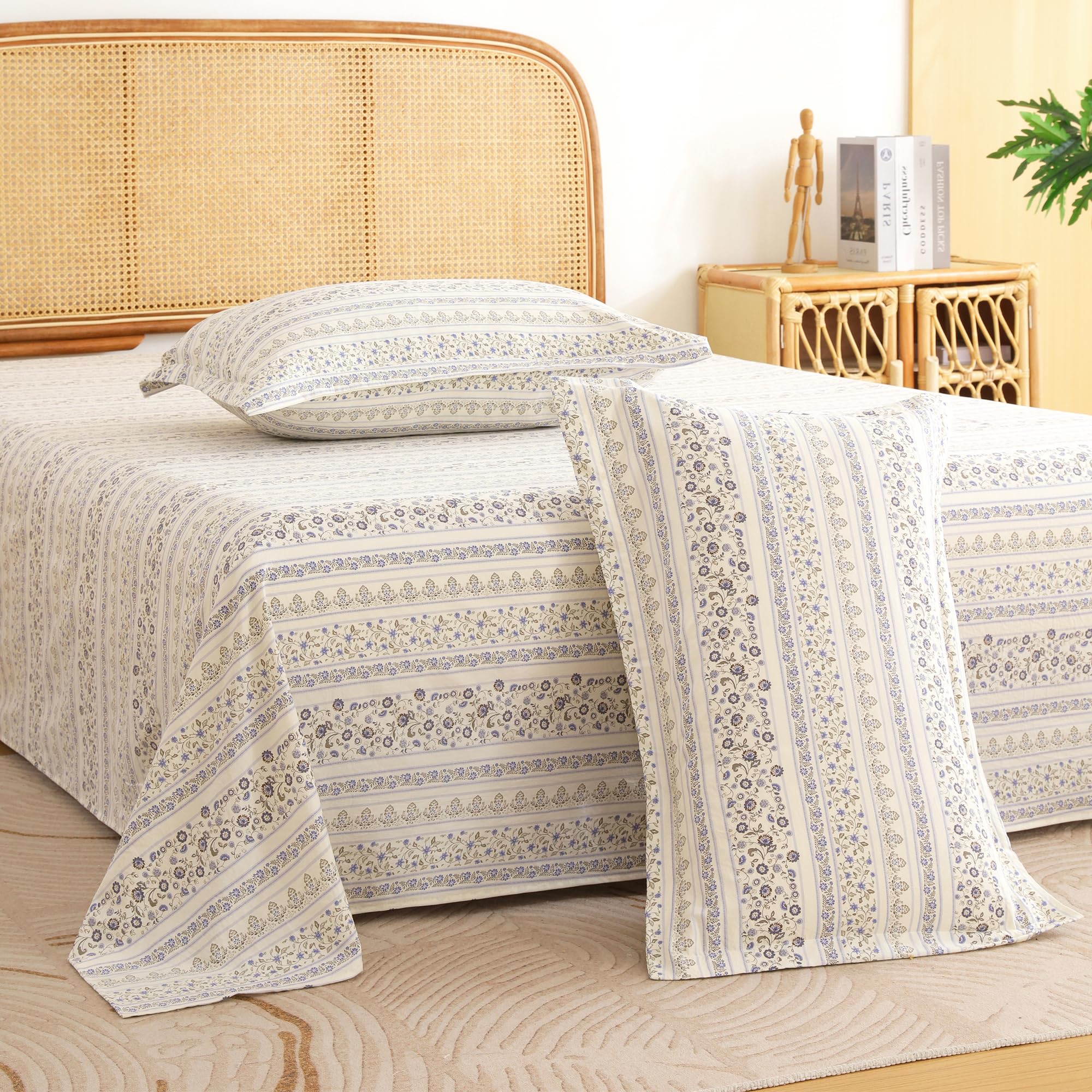 Story@Home King Size Bedsheet | Air Cotton Flatsheet King Size with Two Pillow Covers| 240 TC | Super Soft Bed Sheet for King Size Bed | Floral Design (270 x 250 cm, White & Blue)