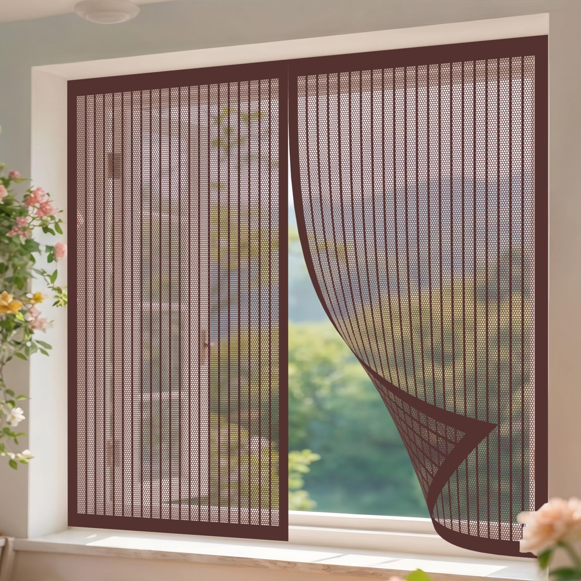 Magnetic Window Screen 162 x 145 cm Easy Installation Bug Net Fly Screen Window Nets Excellent Airflow for Windows, Brown