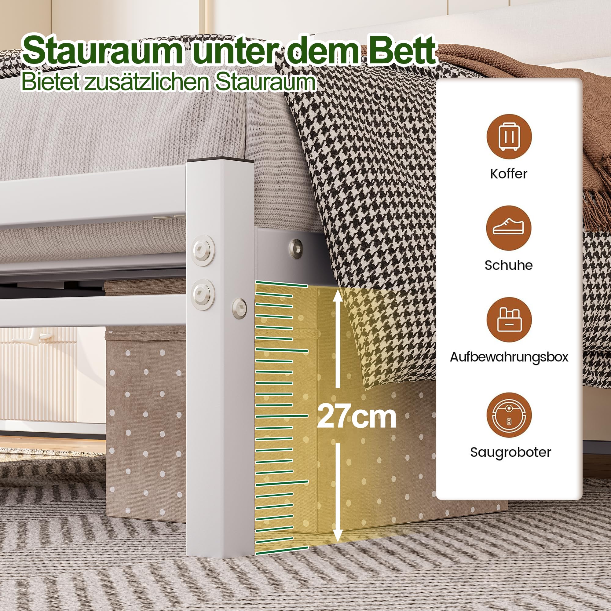 Bett 140x200 mit Stauraum und lattenrost,Bettgestell Metallbett 140x200 Bett mit Kopfteil,Bettrahmen aus Metall,Modern Doppelbett Polsterbett Bed Frame Weiß