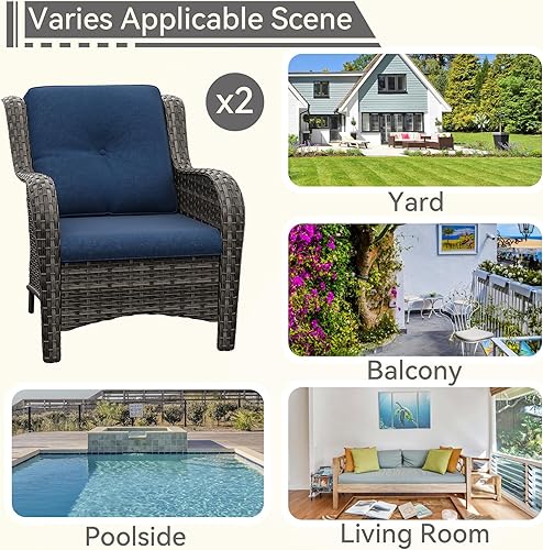 Miniatura 7 de Juego de 2 sillas de patio, juego de muebles de mimbre para patio al aire libre con cojines de olefina gruesos, respaldo alto y asientos profundos,