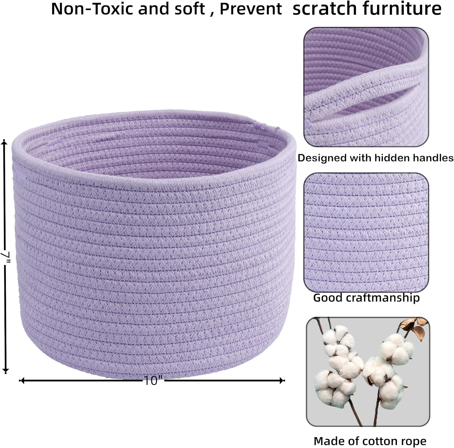 XUANGUO Small round Storage Basket - 3-Pack Round Cube Bins (10x10x7'') for Shelves, Closets & Bookcases | Durable Rope Organizers for Nursery, Baby, Toys, Easter & More (purple)