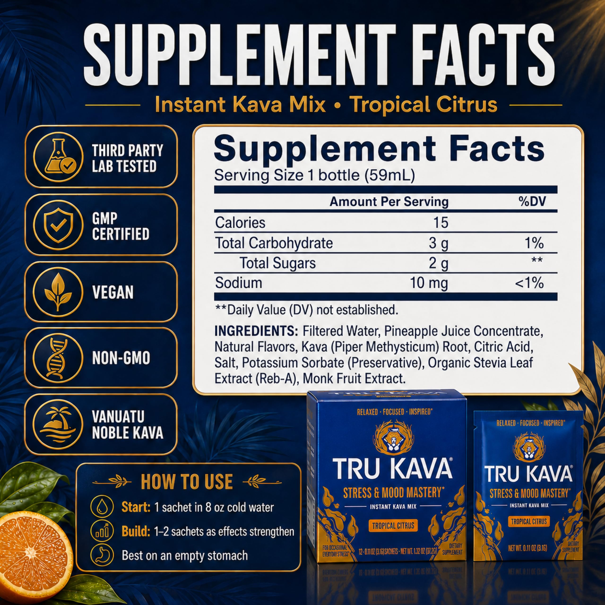 TRU KAVA Whole Root Kava Powder Drink Mix - Ceremonial Grade Noble Kava from Vanuatu, Instant Calm Focus & Social Ease, Kavalactone Rich, Non-Extract, Lab Tested - 12 Sachets — Amazon image 2