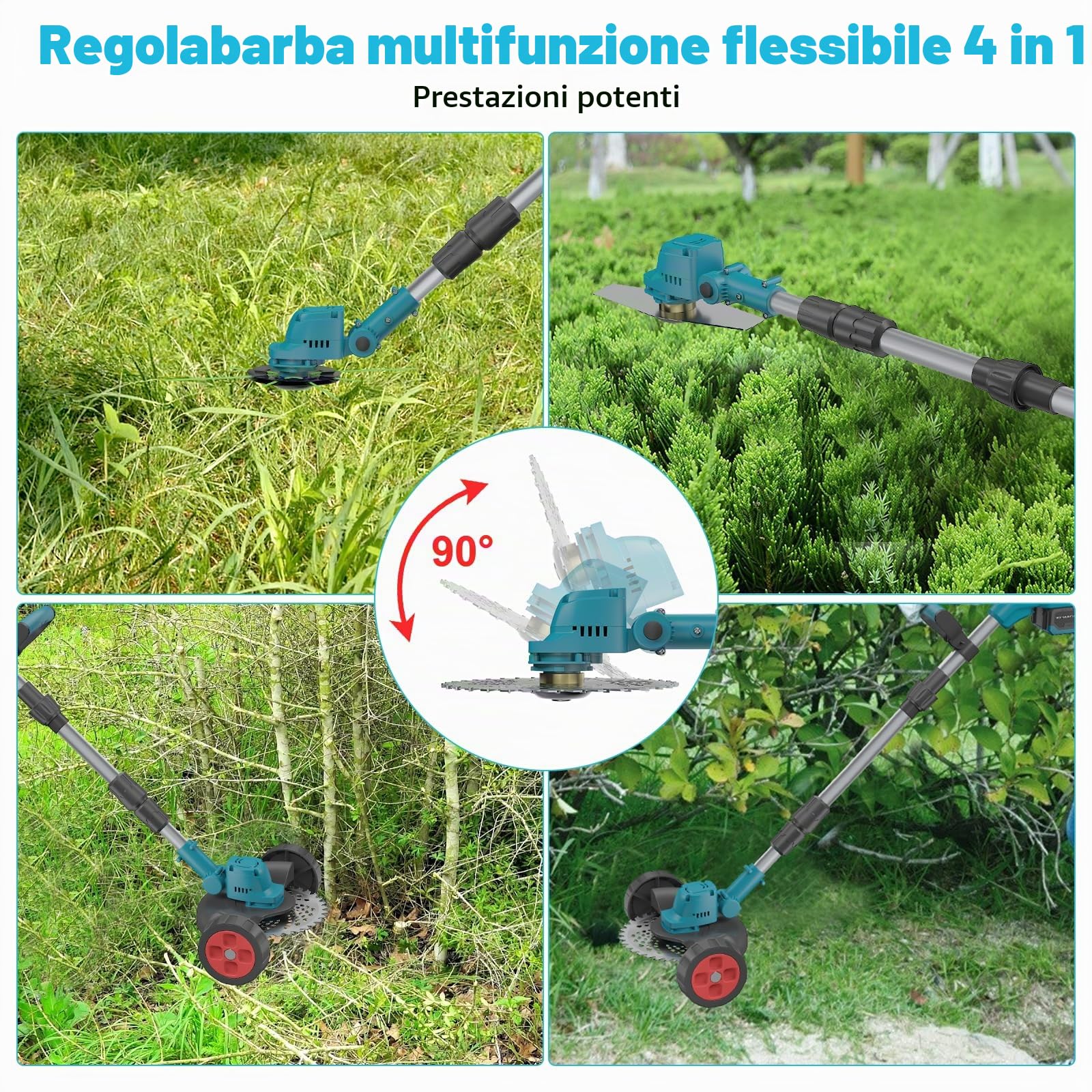 Decespugliatore a batteria senza cavo, 4000 W, decespugliatore elettrico pieghevole, con batteria e 3 lame, larghezza di taglio 23 cm, lunghezza retrattile, per giardino, prato e patio (blu a batteria