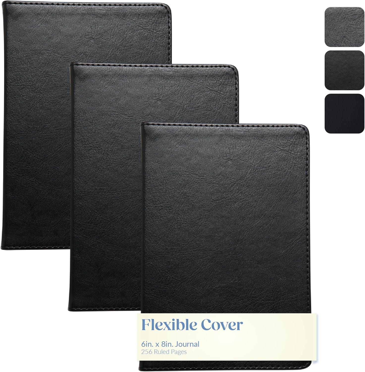WORLD TRAVELER Journal Notebook - 3 Pack Black Lined Faux Leather Cover Ivory Pages Lay Flat Notebook Journal with Ribbon Bookmark, Size 6X8, 3Pk Black 6X8