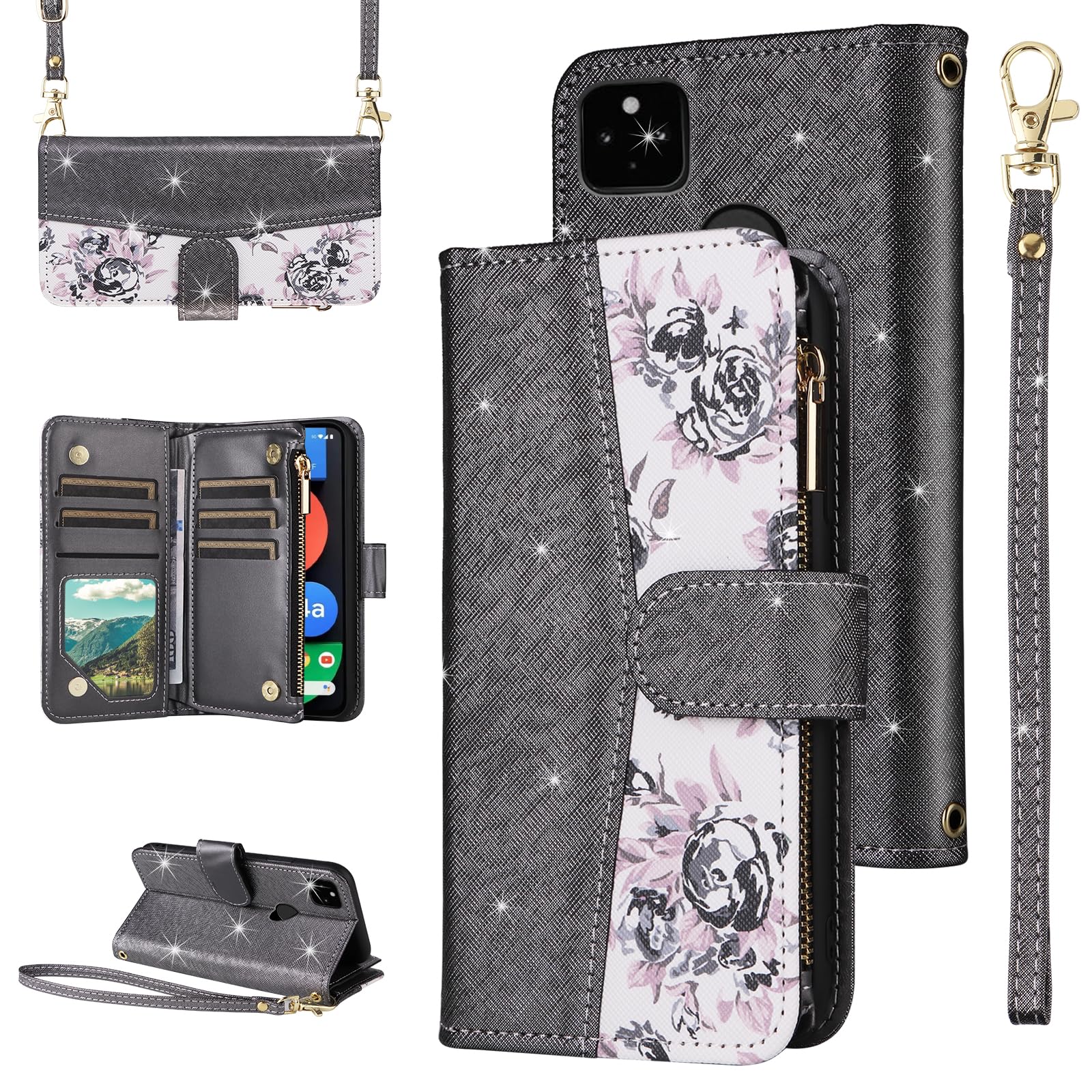 Furiet for Google Pixel 4a 5G 6.2 Floral Wallet Case Flip Zipper Purse Wrist Strap Shoulder Strap, Luxury Glitter Card Holder Stand Phone Cover for
