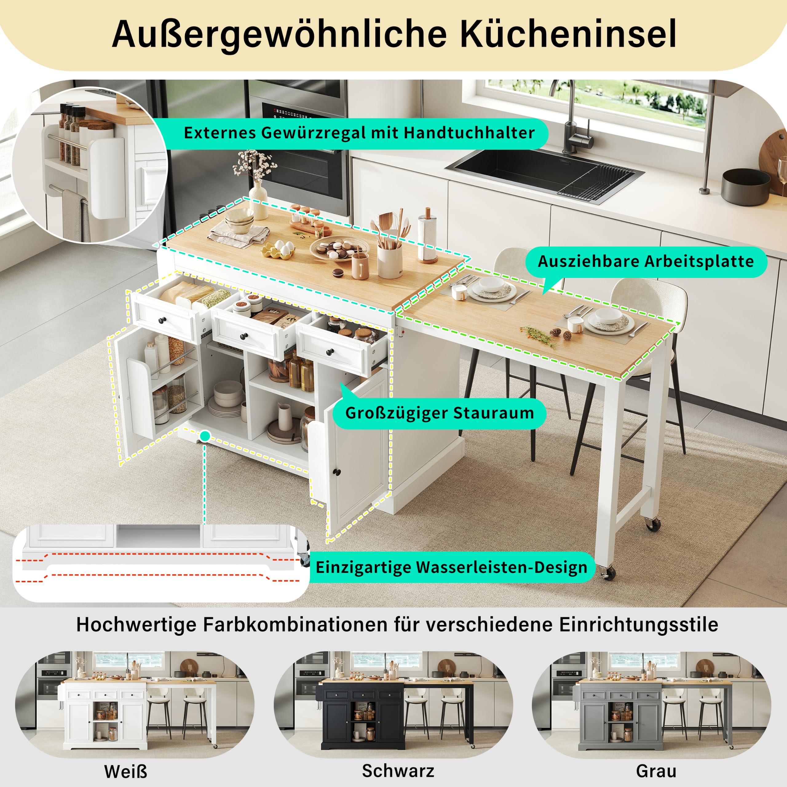 Merax Îlot de Cuisine sur roulettes Extensible 112–188 cm, Îlot Central Cuisine avec Plan de Travail Coulissant, Rangement Épices, Tiroirs et Placards, Îlot Cuisine Mobile Autoportant Blanc