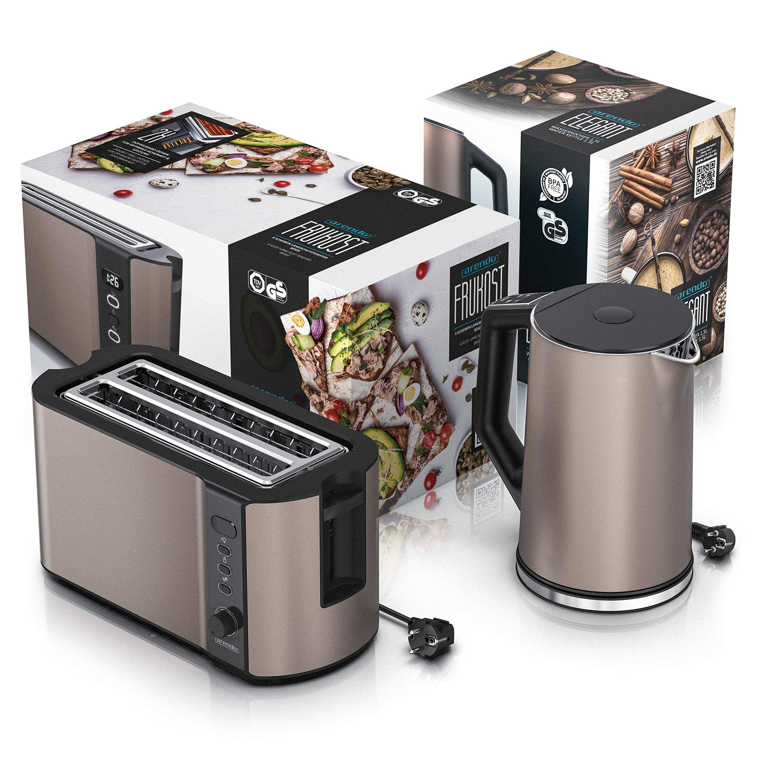 Arendo Wasserkocher Toaster SET Edelstahl Beige 1,5L 40-100°C Warmhaltefunktion 4 Scheiben LED-Display 6 Bräunungsgrade