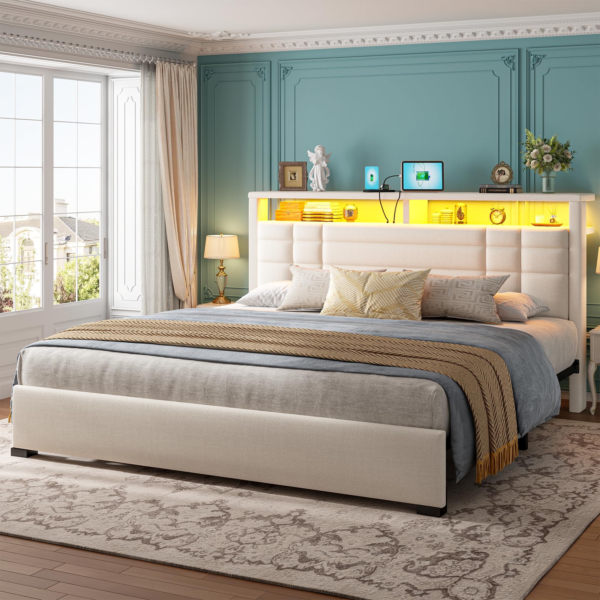 EnHomee King Size Bed Frame with Charging Station and LED Lights, King Bed Frame with 2-Tier Storage, Upholstered Platform Bed Frame, Sturdy Metal