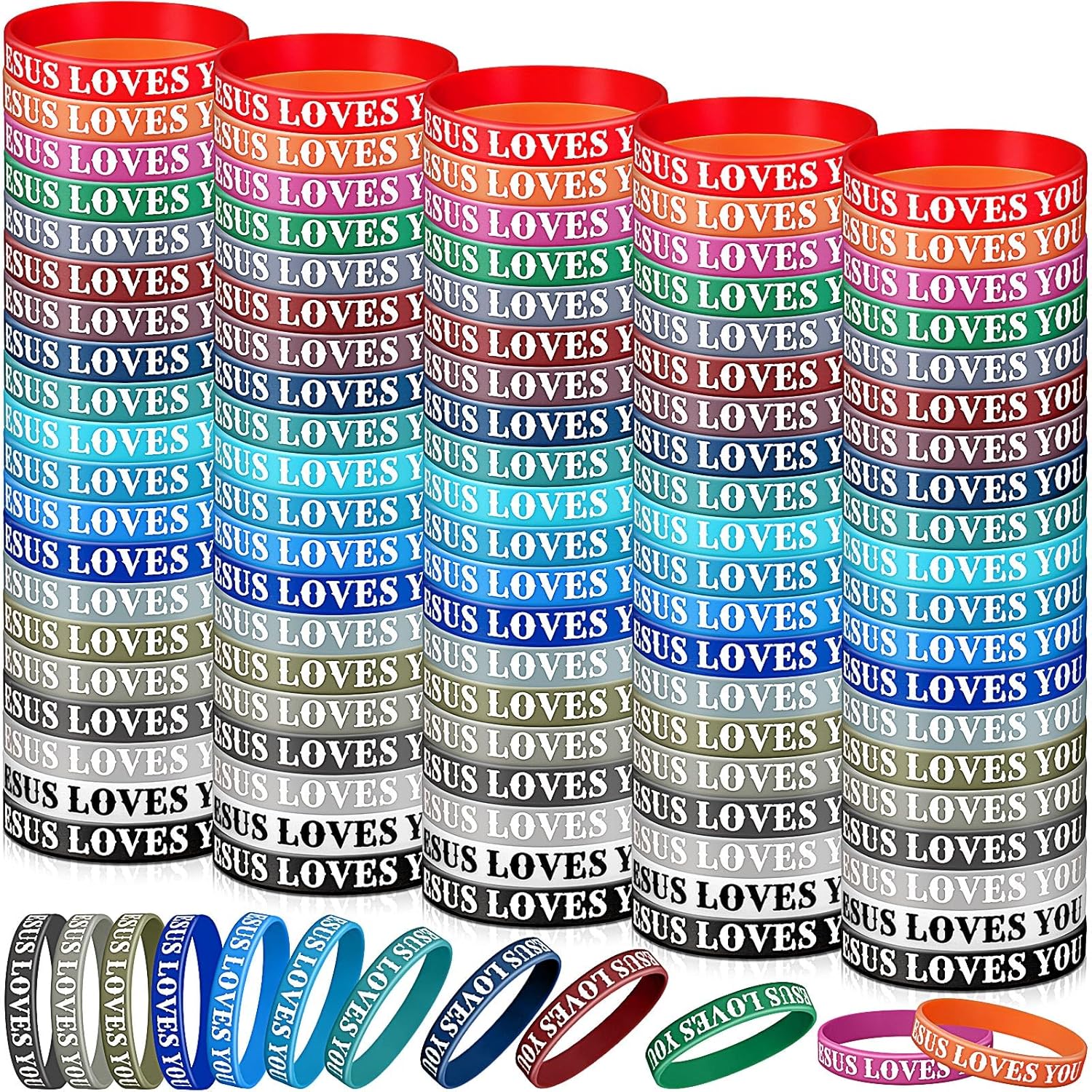 Lewtemi 100 Pcs Jesus Loves You Bracelet Bulk Silicone Christian Bracelet Colorful Rubber Wristbands Motivational Rubber Wristbands for Men Women Party Favors(Deep Color)
