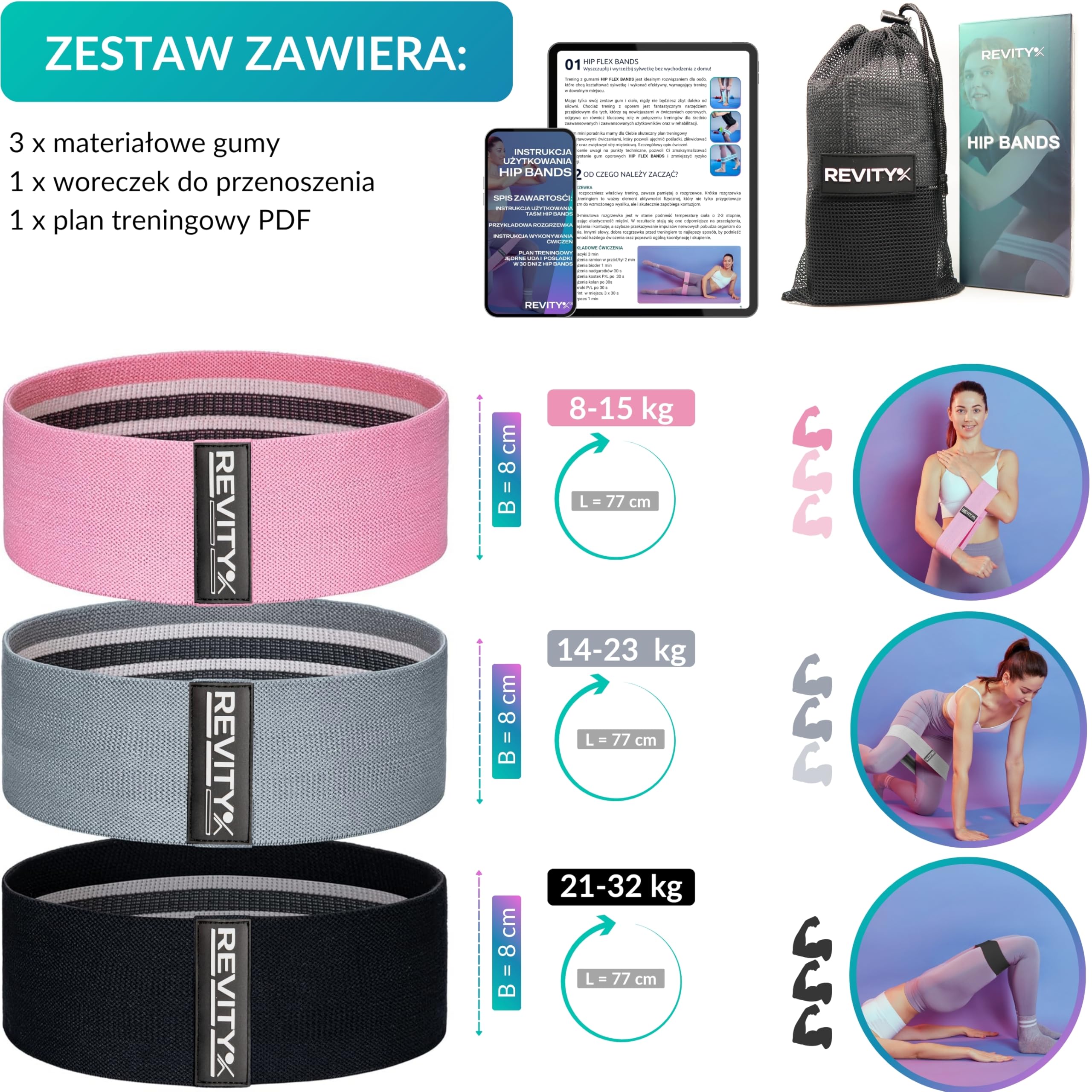 Gumy Oporowe Materiałowe - Zestaw 3 Gum do Ćwiczeń Ud i Pośladków | Taśmy Fitness, Naturalny Lateks, Trwałe, Antypoślizgowe, Plan PDF na 30 Dni z Instrukcją Ćwiczeń, Woreczek do Przechowywania