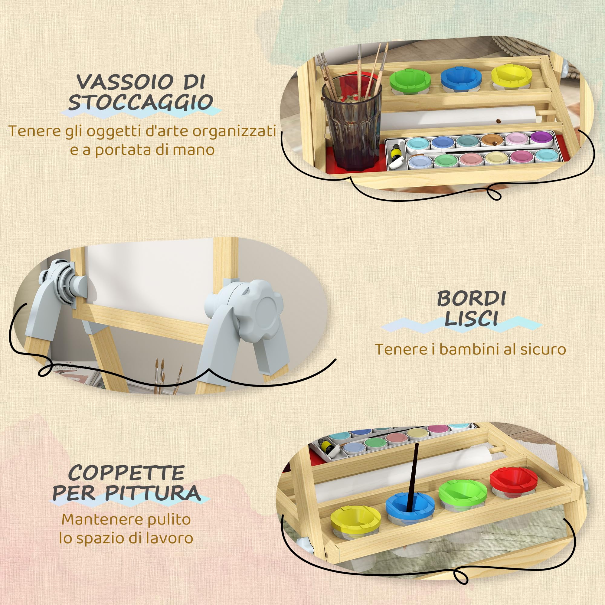 AIYAPLAY Cavalletto da Disegno per Bambini con Lavagna Doppia per Gesso e Pennarelli, Lavagnetta Magnetica, Vassoio Portamatite, Rotolo Carta Incluso, Legno Naturale