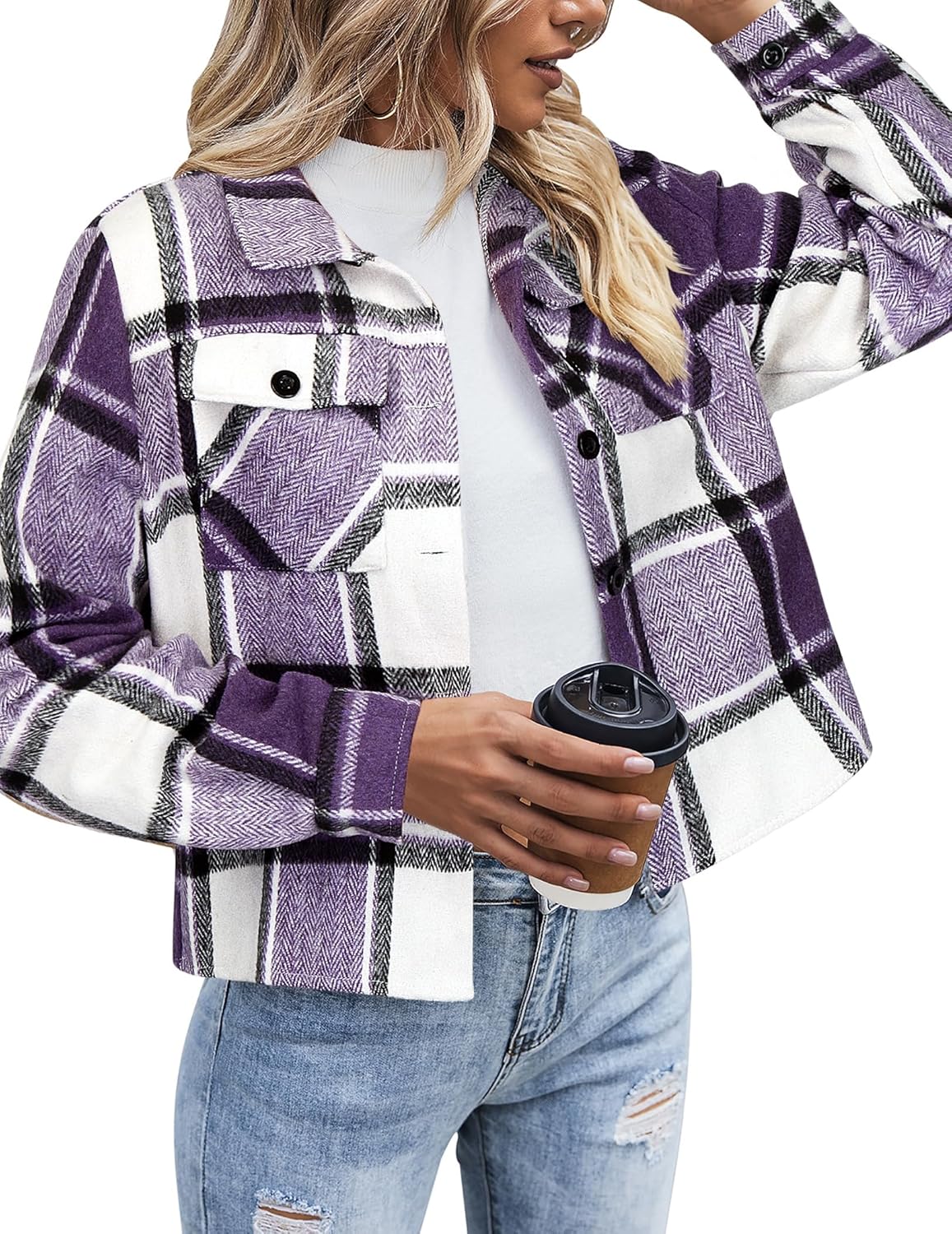 Zeagoo Flannels for Women Cropped Shacket Jacket Fashion Plaid Button Down Shirt 2026 Fall Coat Tops
