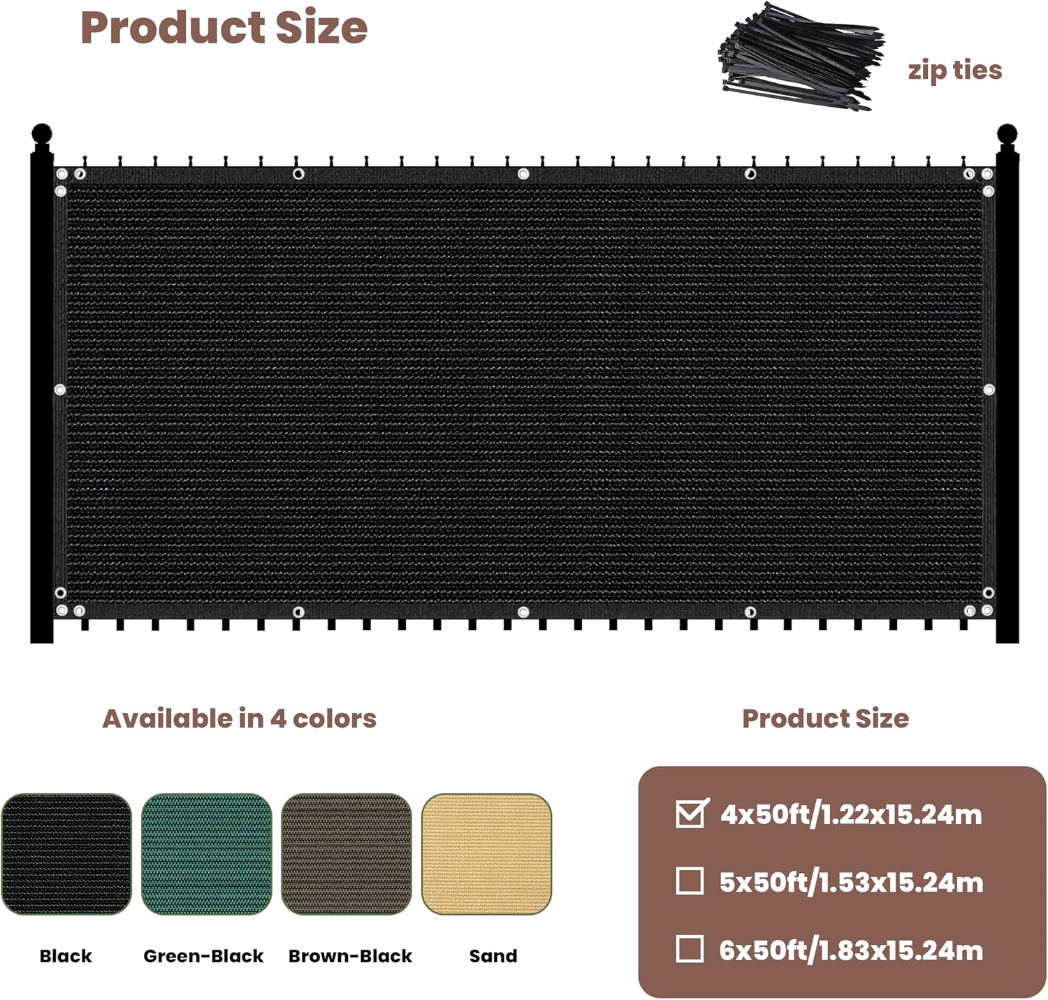 4x50ft Fence Privacy Screen 170GSM Privacy Screen with Rustproof Grommets and Reinforced Edges Outdoor Fence Panel & UV -Resistant Garden Fence Perfect for Outdoor CourtyYard, Garden Decoration,Black