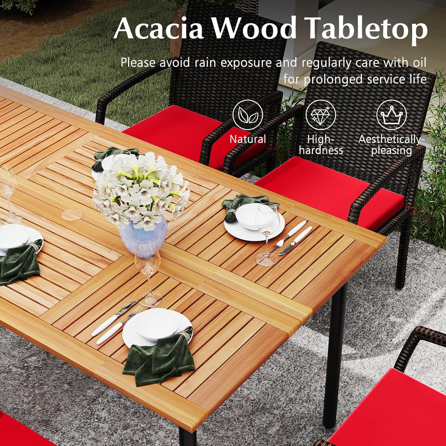 HAPPYGRILL 7-Piece Patio Dining Set Outdoor Rattan Wicker Furniture Set with Umbrella Hole, Steel Frame, Acacia Wood Tabletop & Removable Cushions, for Backyard, Porch, Garden
