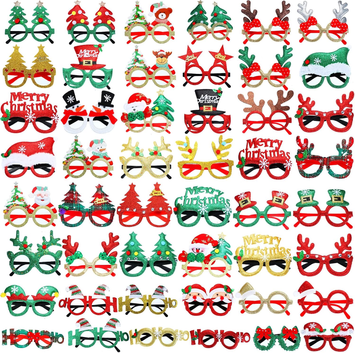 Jerify 48 Pcs Christmas Glasses Glitter Frames Decoration Costume Eyeglasses Santa Snowman Glasses Christmas Party Gifts for Adults Kids Party Holiday Favors