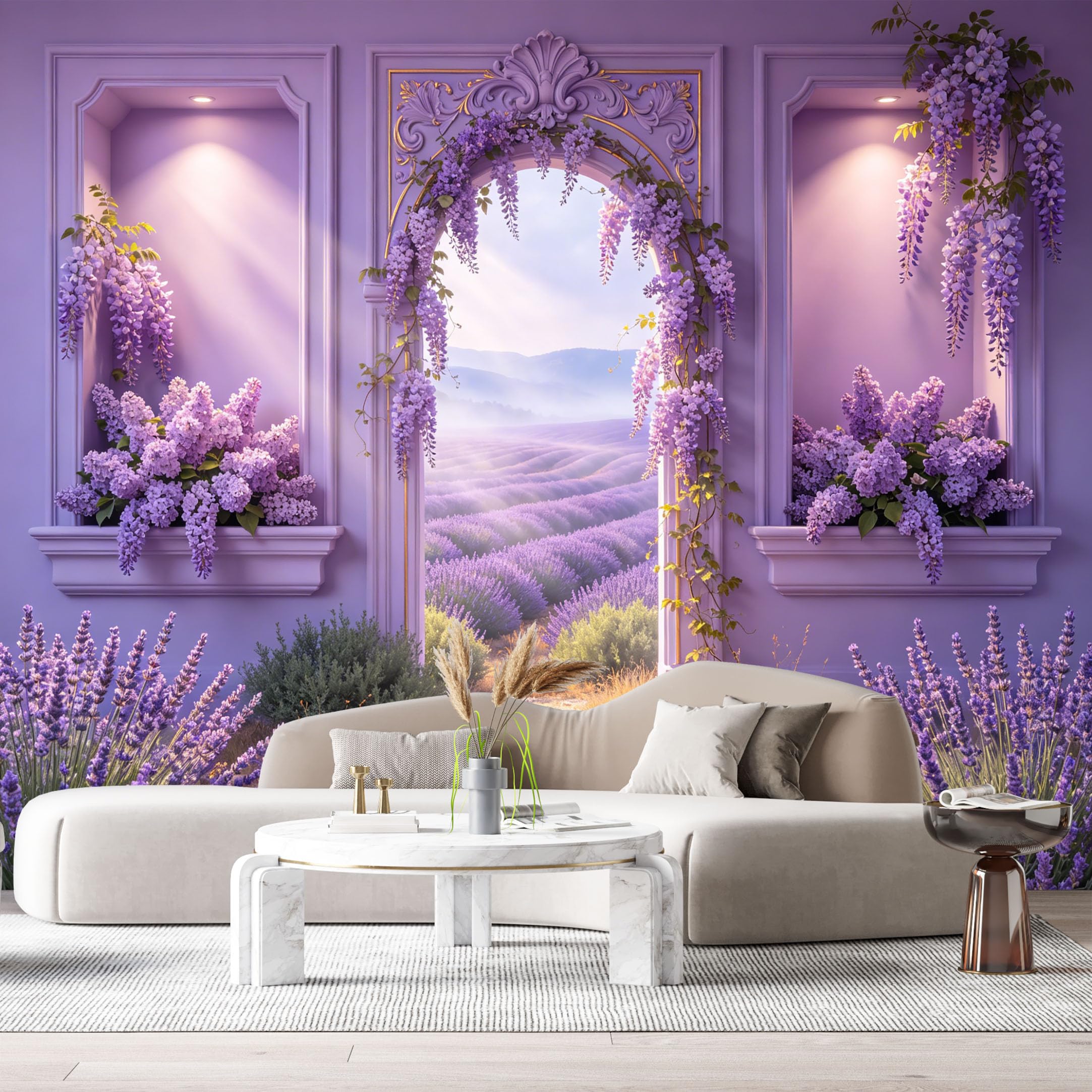 Custom Size Wall Murals Botanical Lavender Field Wisteria Arch 3D Trompe L'Oeil SelfAdhesive Wall Fabric Removable Large Wallpaper for Photo Living Room
