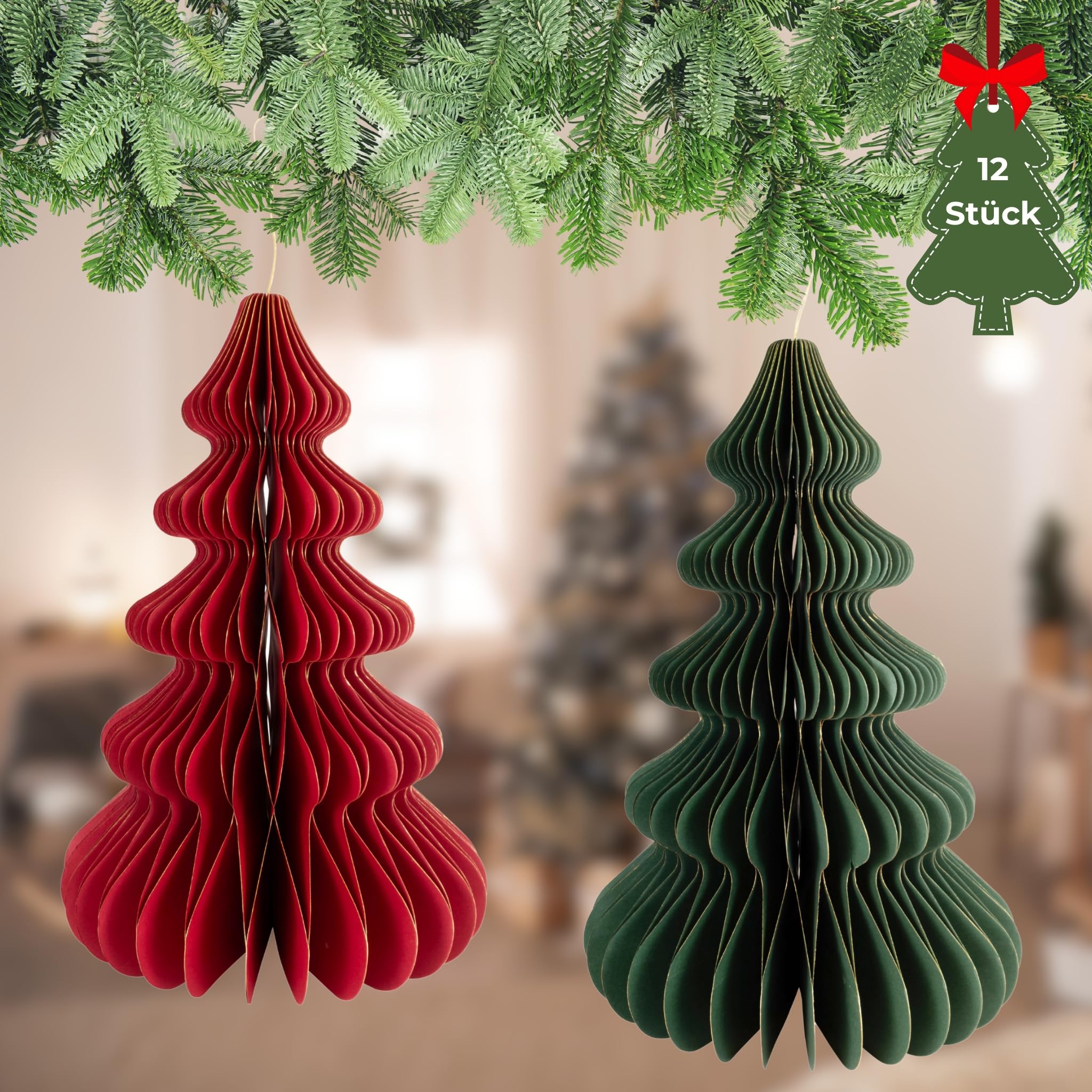 Weihnachtsdeko Tannenbäume zum Aufhängen Rot & Grün 12er Set - 15 cm Papier Weihnachtsbaumschmuck