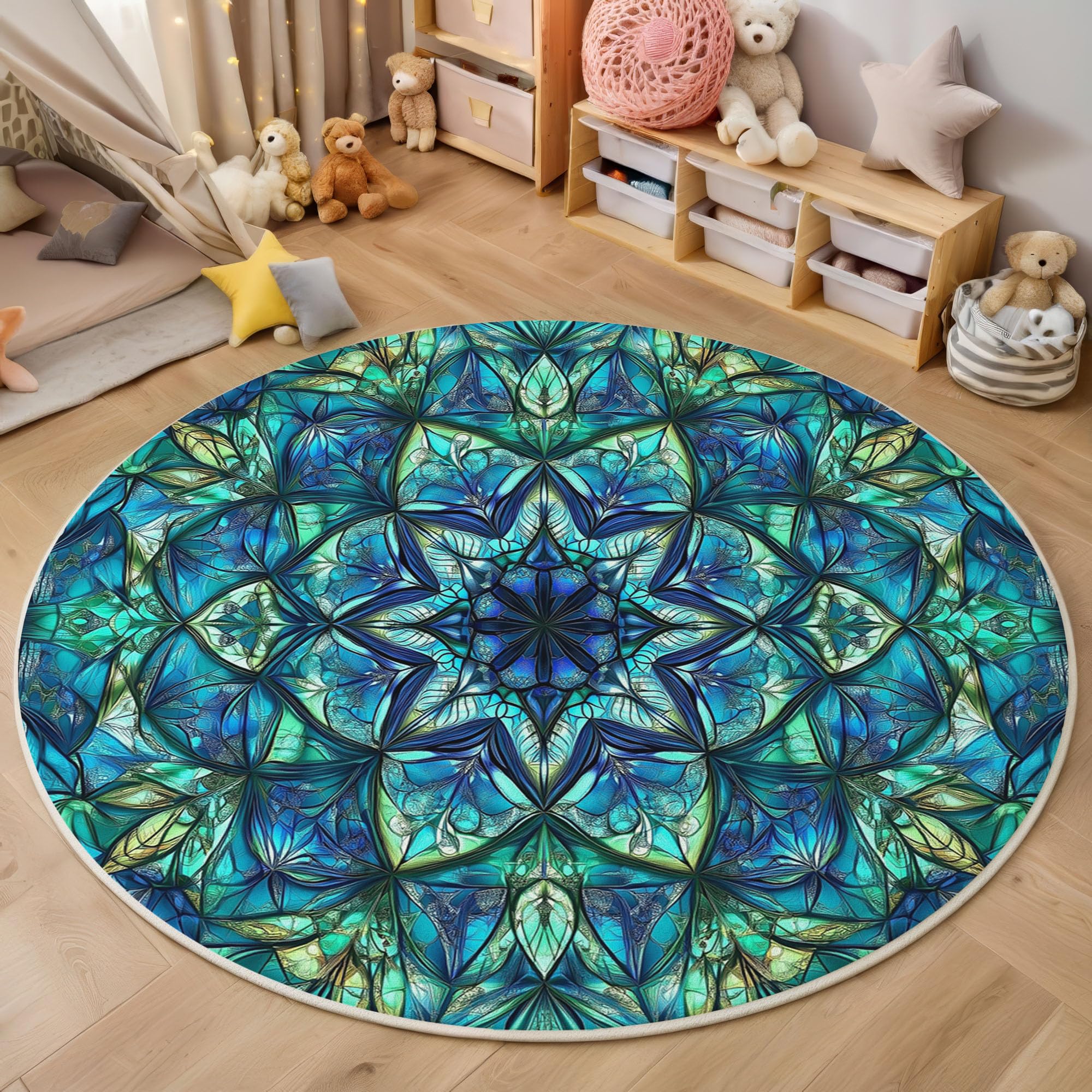 Tapis Rond Mandala Kaléidoscope 180 cm, Tapis à Poils Courts Vitraux Lavable en Machine Antidérapant Décoratif Rond pour Salon Chambre Salle à Manger, Vert