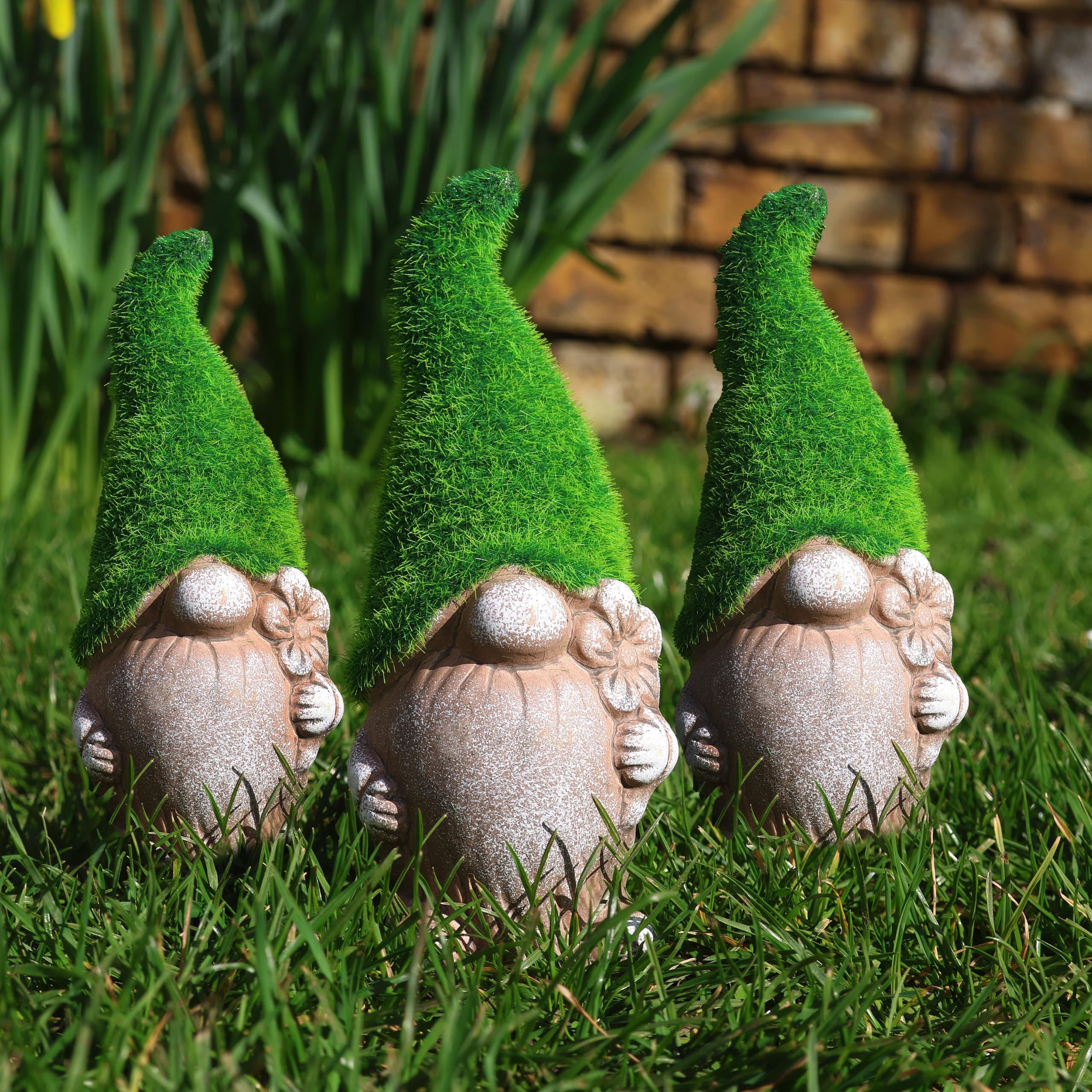 Mossy Hat Garden, 12 sztuk, uroczy gonk z efektem kamienia z realistycznym kapeluszem mchu trzymający kwiat, idealny do dekoracji domu i ogrodu, figurka dekoracyjna na patio, balkon, podwórko,