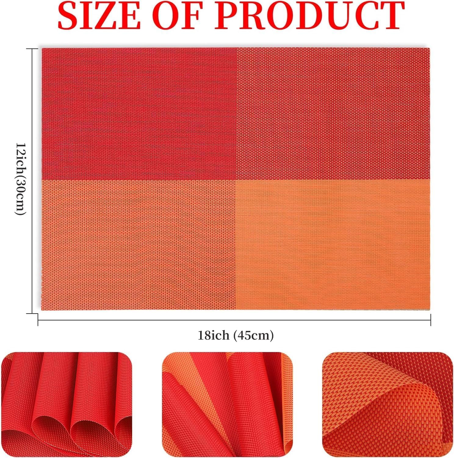 Feinerman 6 Pcs PVC Woven Vinyl Placemats Set, Non-Slip, Heat-Resistant & Washable Table Mats, Stain-Resistant, Anti-Skid for Kitchen, Dining Table & Restaurant, Easy-to-Clean Dining Mats (Orange) 2
