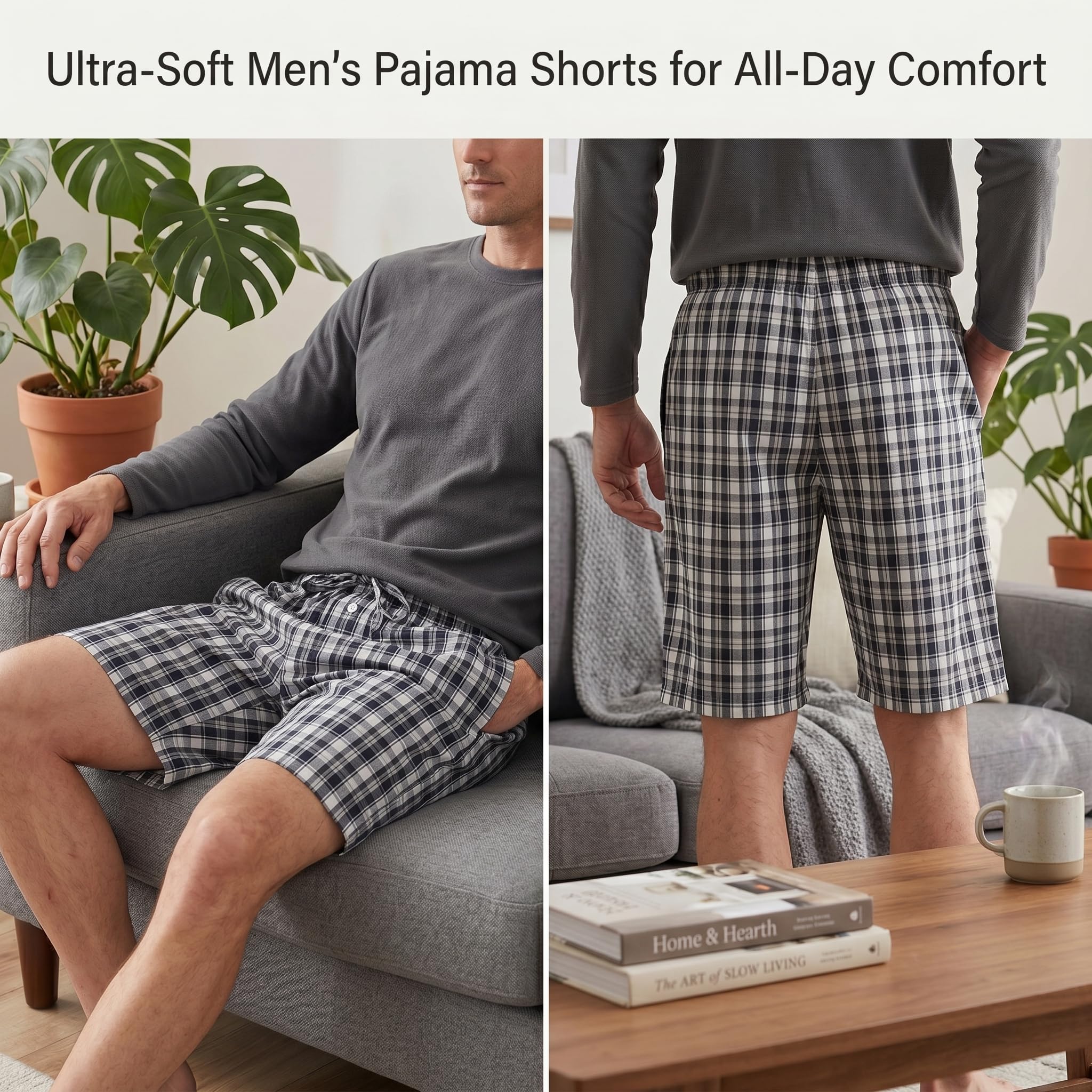 YUSHOW Pantaloncini Pigiama da Uomo Cotone a Quadri Pantaloni Corti Casual da Casa Comodo e Morbido Loungewear Pacco da 2