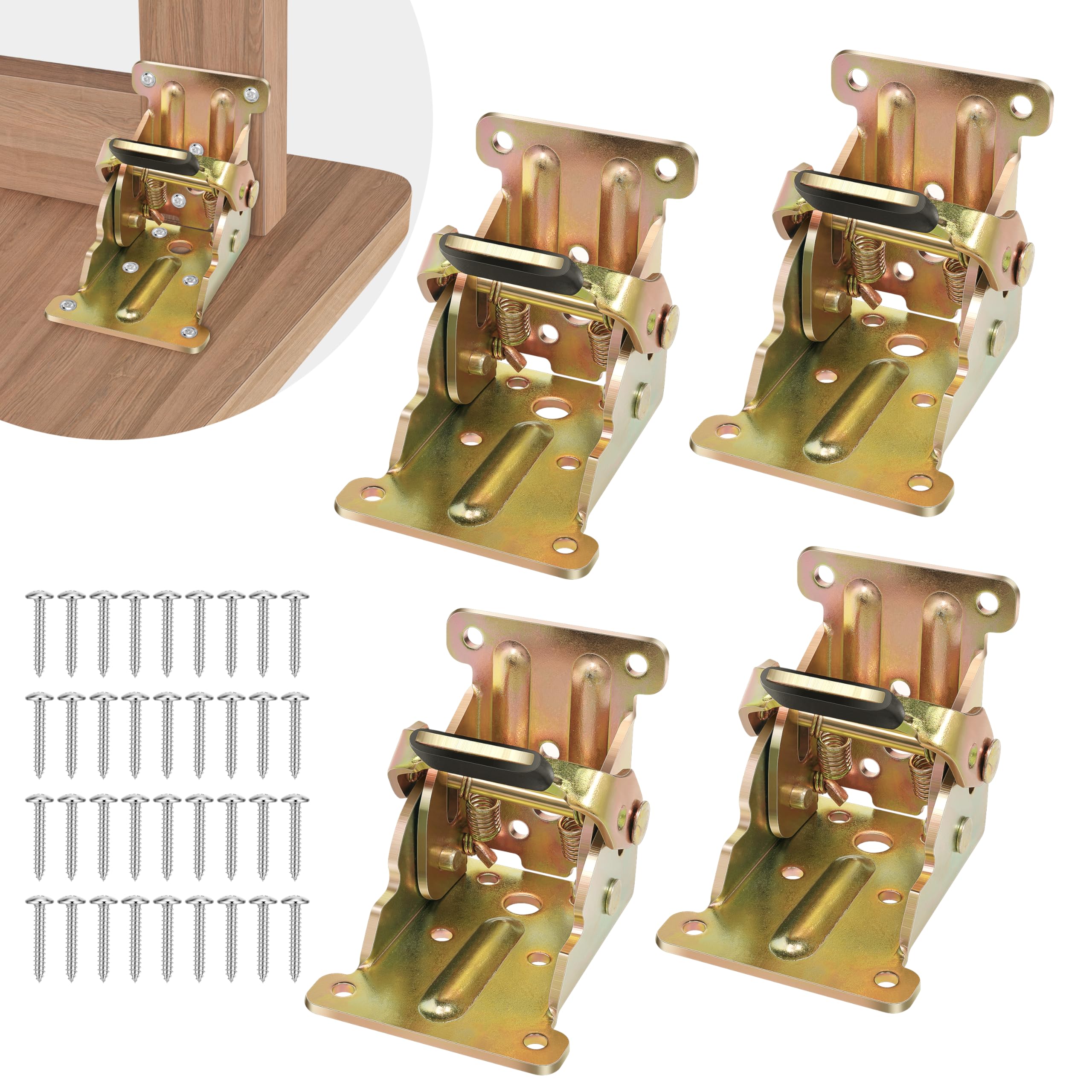 Spiglamm 4 Pack Folding Brackets, Self-Lock Hinge with Screws for Folding Table Legs, Lock Extension Support Bracket Bed Legs, Gold