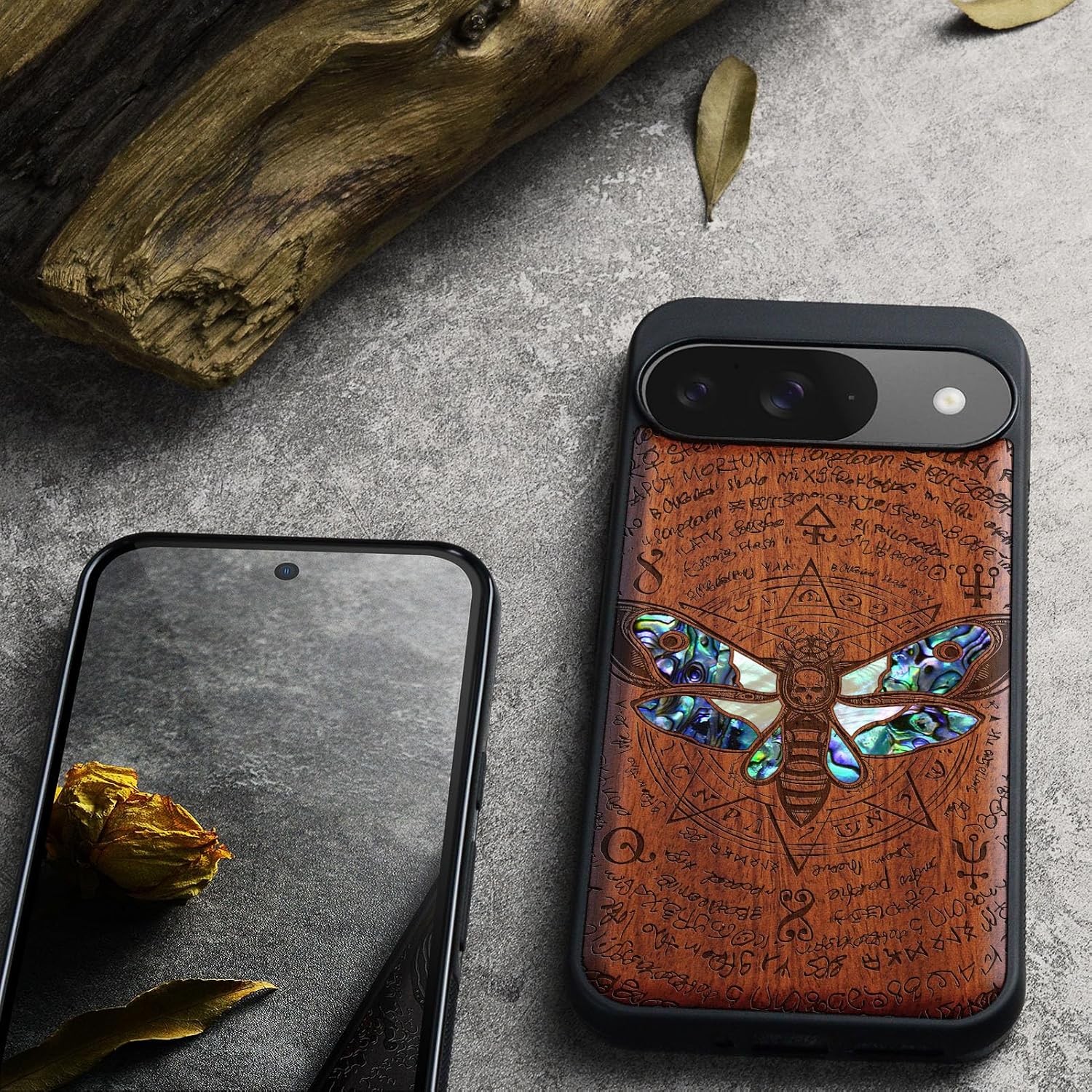Carveit Magnetic Wooden Case for Google Pixel 9 Case, Wood Artisan Engraved & Handmade Shell Inlaid, Compatible with MagSafe Wireless Chargers, Death's Head Moth - Rosy
