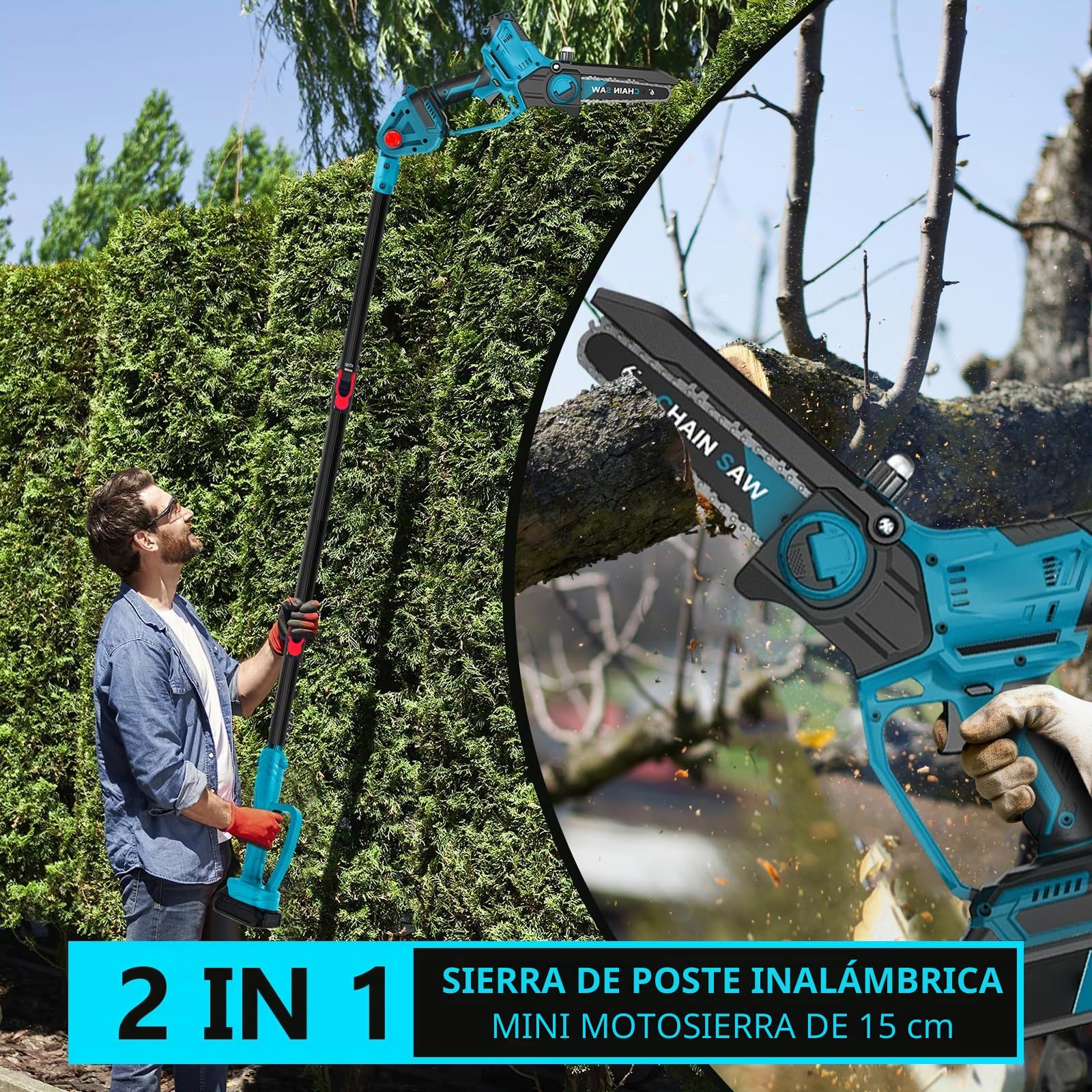 Motosierra de podar profesional compatible con Makita 18 V | 6 pulgadas, sin escobillas, 2 en 1, con mango telescópico y telescópico, podadora eléctrica, altura de trabajo de 4,5 m