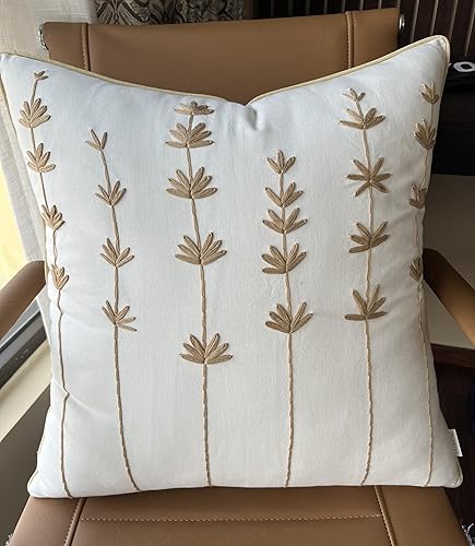 Funda de almohada decorativa cuadrada de lino bordada a mano, para dormitorio principal, nuevo hogar, aniversario, granja, sofá, margarita, marfil,