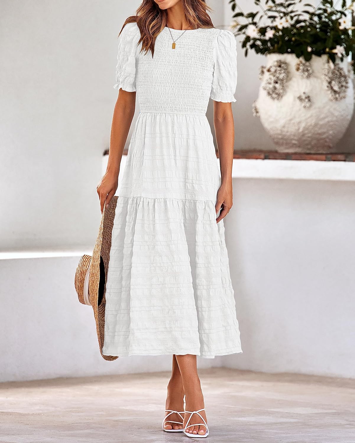 dowerme Womens Summer Dresses 2026 Casual Puff Short Sleeve Crewneck Smocked Flowy Ruffle Boho Beach Party Maxi Sundress - Image 2