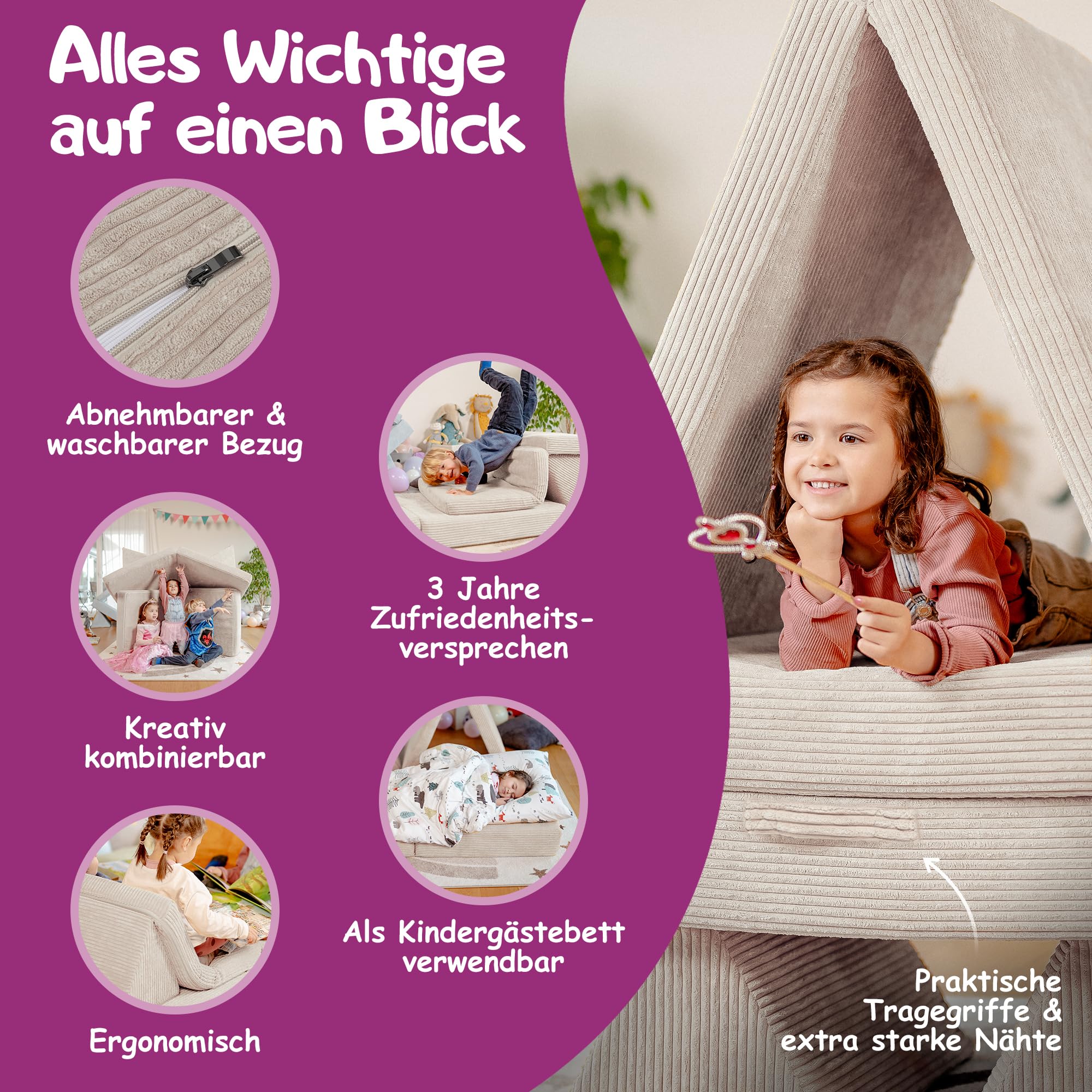 Linodino® Spielsofa Cord | Kindersofa aus Schaumstoff Bausteine - Spielsofa für Kinder & Kuschelecke im Kinderzimmer | Kindercouch | Oeko-TEX 100 Zertifiziert | Elfenzauber Beige