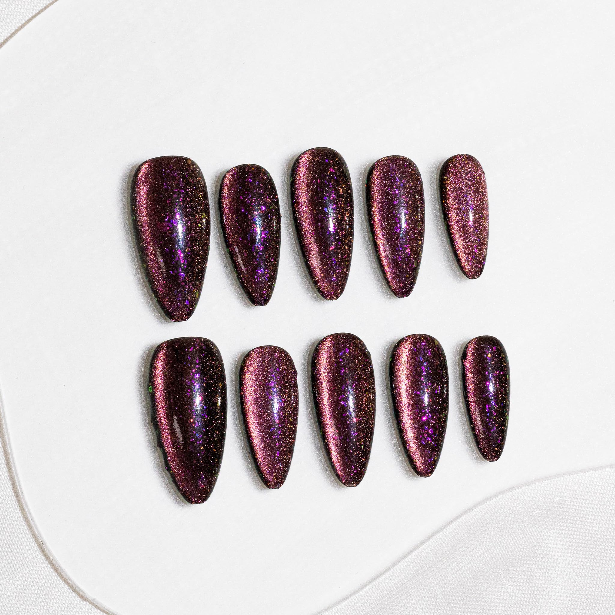 Sun&Beam Nails Handmade Press-on Medium Long Almond Fuchsia Pink Cat Eye Design Charming False Nail Tips 10 Pcs (#124 L) — view 40