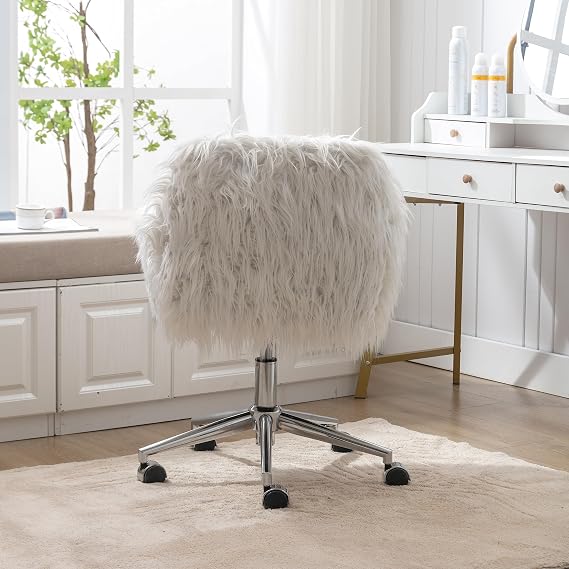 Cute White Fluffy Desk Chair for Girls Women, Comfy Modern Faux Fur Home Office Chair with Wheels, Elegant Swivel Fuzzy Vanity Chair Makeup Arm Chair for Living Room, Bedroom