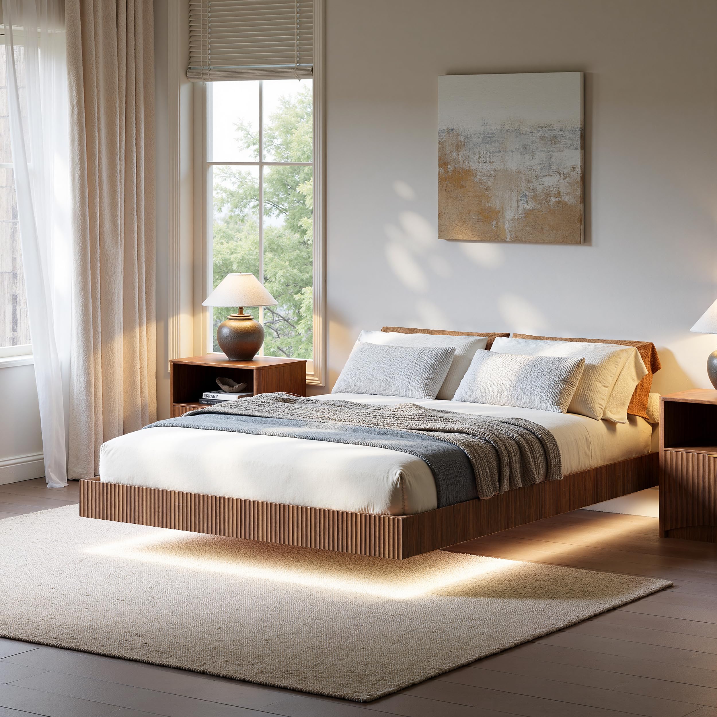 Evermagin 14In High Walnut Queen Floating Bed Frame with led Lights