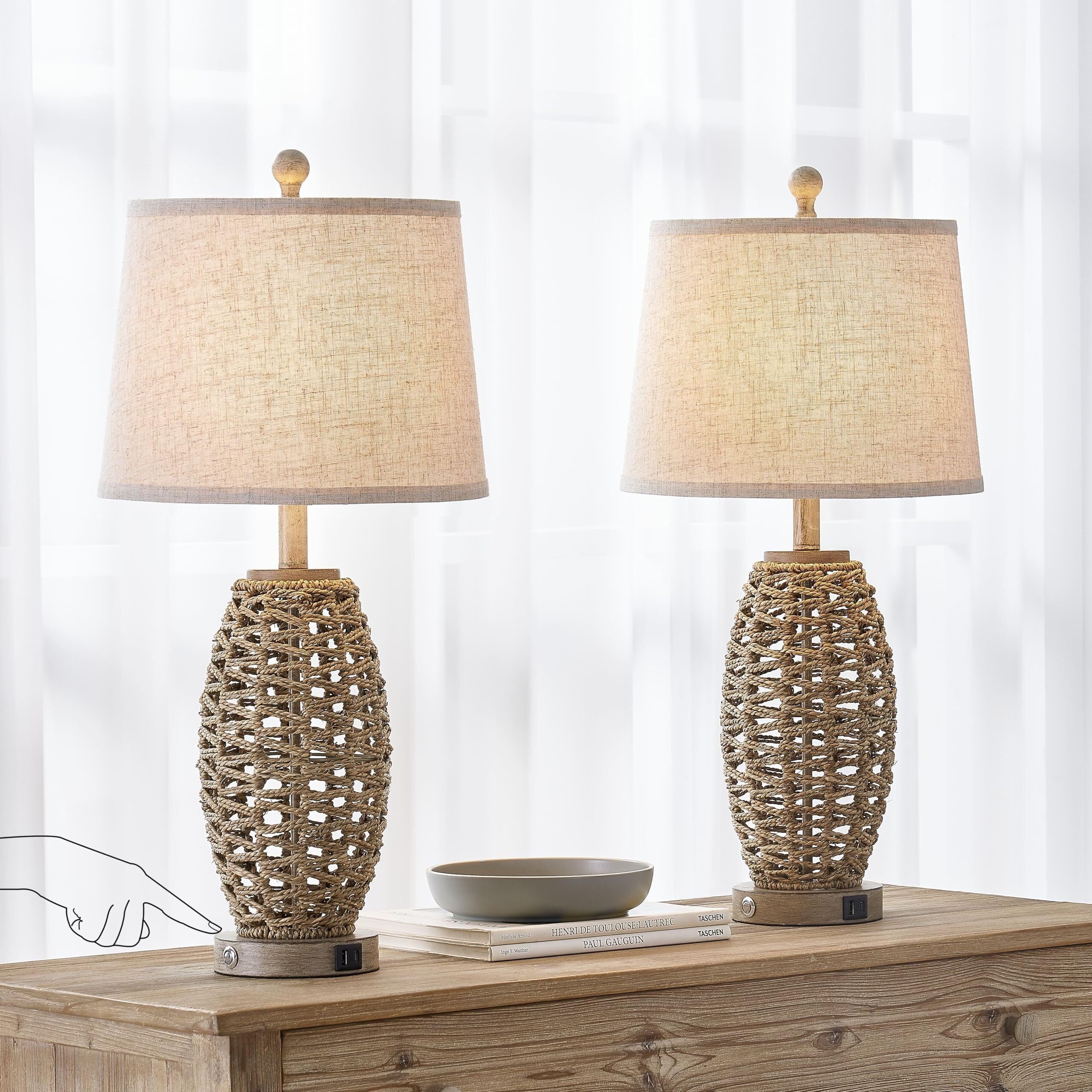 XANAYXWJ Zestaw 2 lamp stołowych z naturalnego rattanu, możliwość przyciemniania w 3 kierunkach, port ładowania, klosz w kolorze płatków owsianych, sypialnia, 2 sztuki w zestawie. Nadaje się do