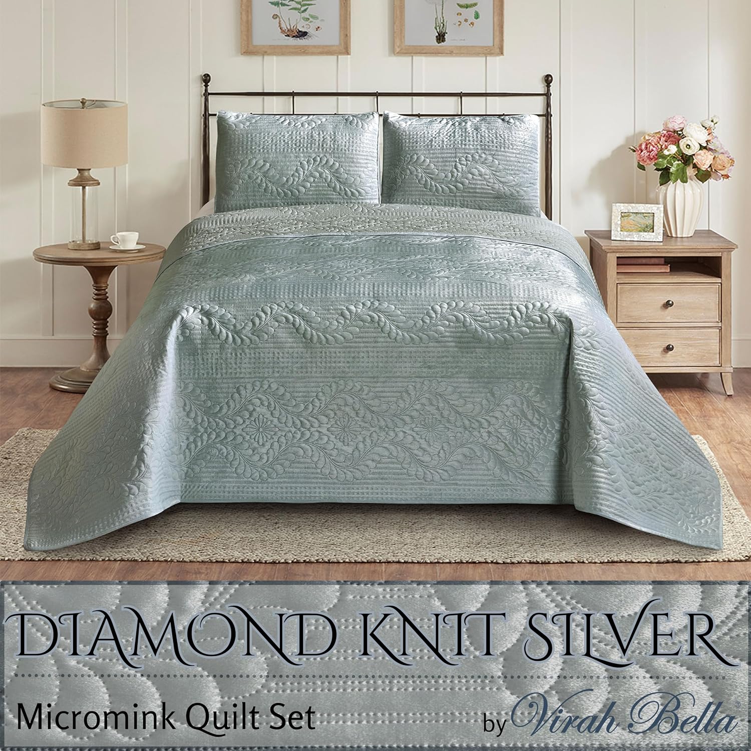 VIRAH BELLA Micromink Quilt Set - Premium Micromink Queen-Size Quilted Blanket Comforter Bedding Set - Includes 2 Pillow Shams - Diamond Knit Silver
